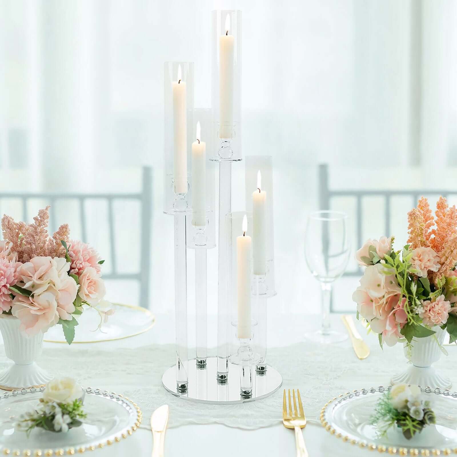 5-Arm Crystal Glass Candelabra Round Taper Design 32" Clear - Stylish Candle Holder Table Centerpiece - Image 6