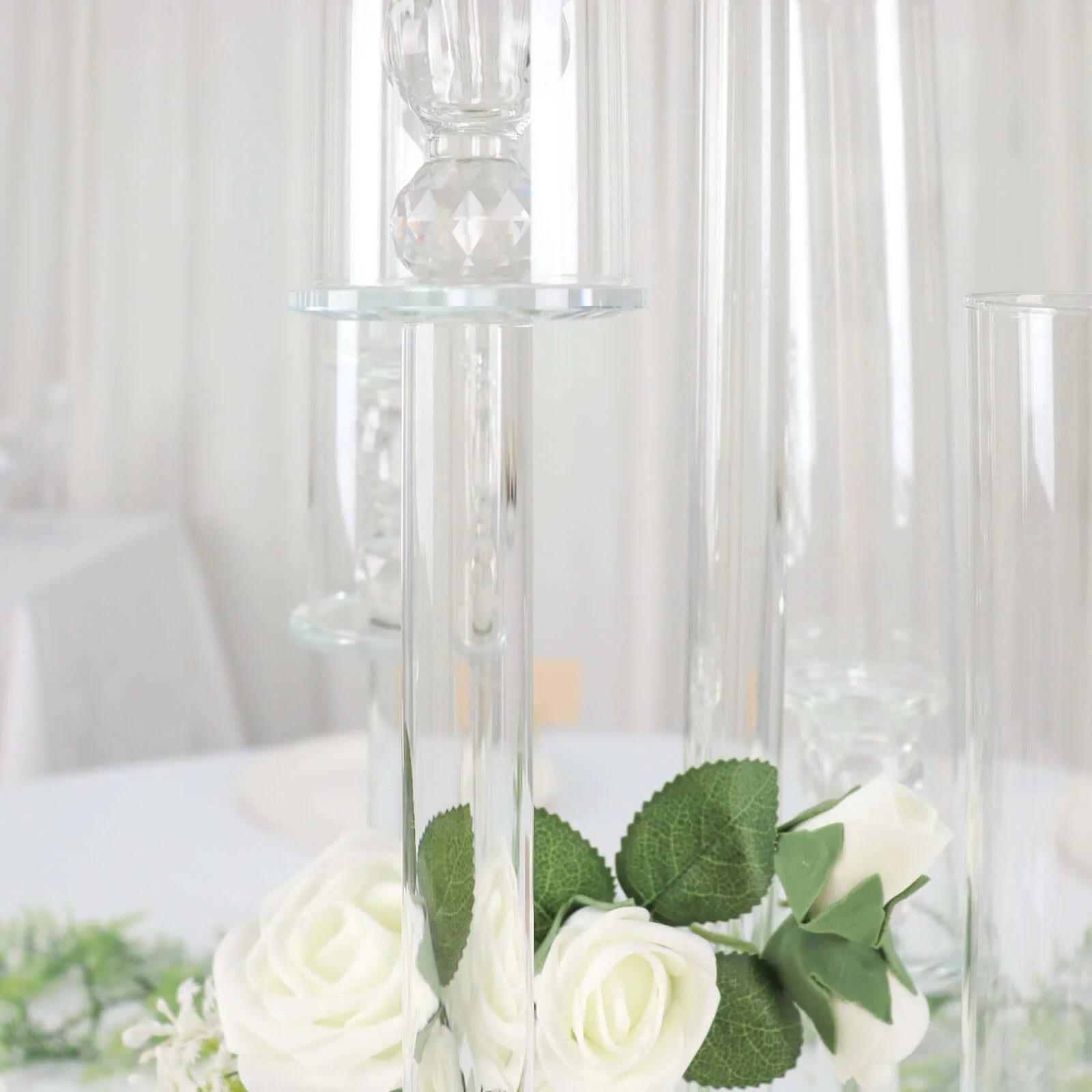 5-Arm Crystal Glass Candelabra Round Taper Design 32" Clear - Stylish Candle Holder Table Centerpiece - Image 7