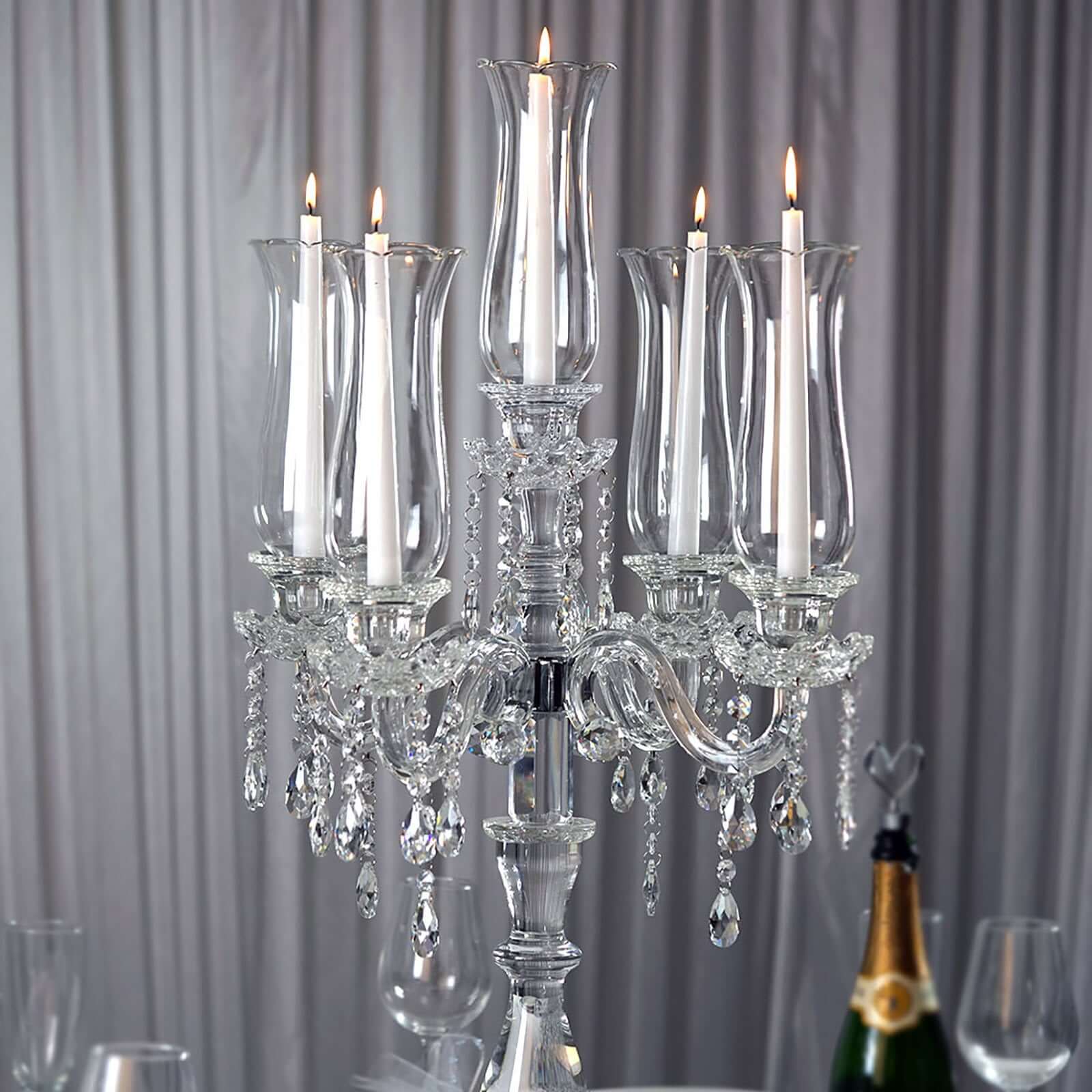 5 Arm Crystal Glass Taper Candle Holder Candelabra 32" - Stylish Table Centerpiece With Chandelier Chains - Image 6