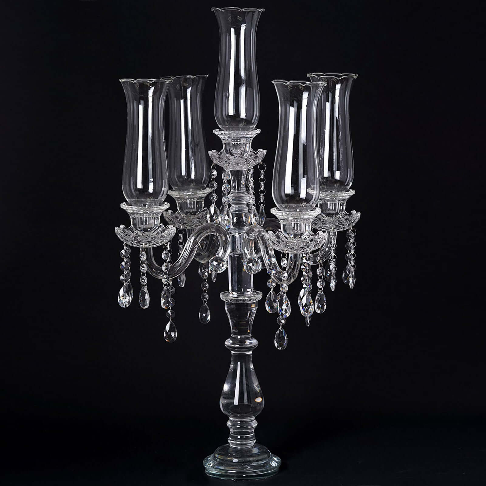 5 Arm Crystal Glass Taper Candle Holder Candelabra 32" - Stylish Table Centerpiece With Chandelier Chains - Image 8