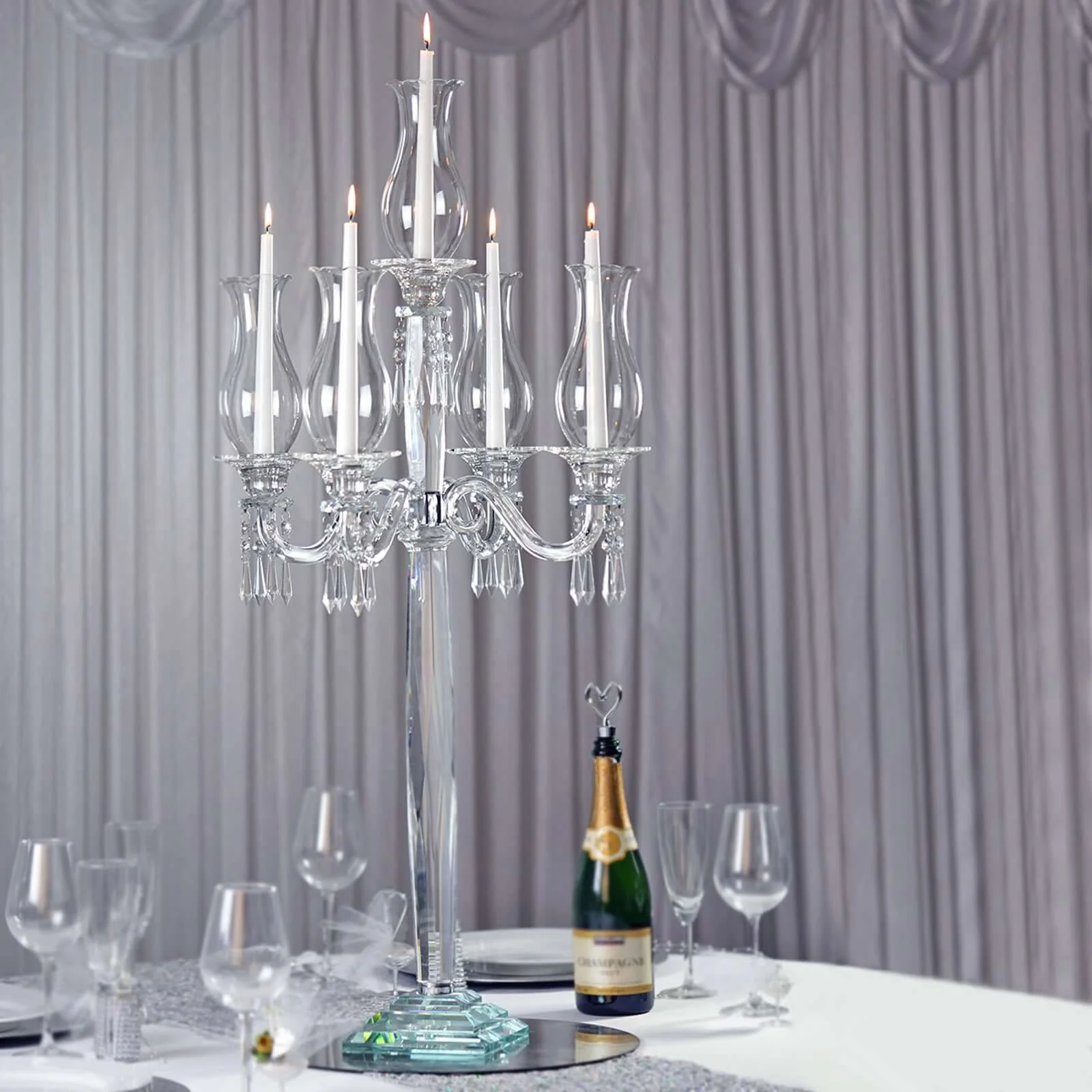 5 Arm Crystal Glass Taper Candle Holder Candelabra 40" - Luxurious Table Centerpiece With Chandelier Chains - Image 6