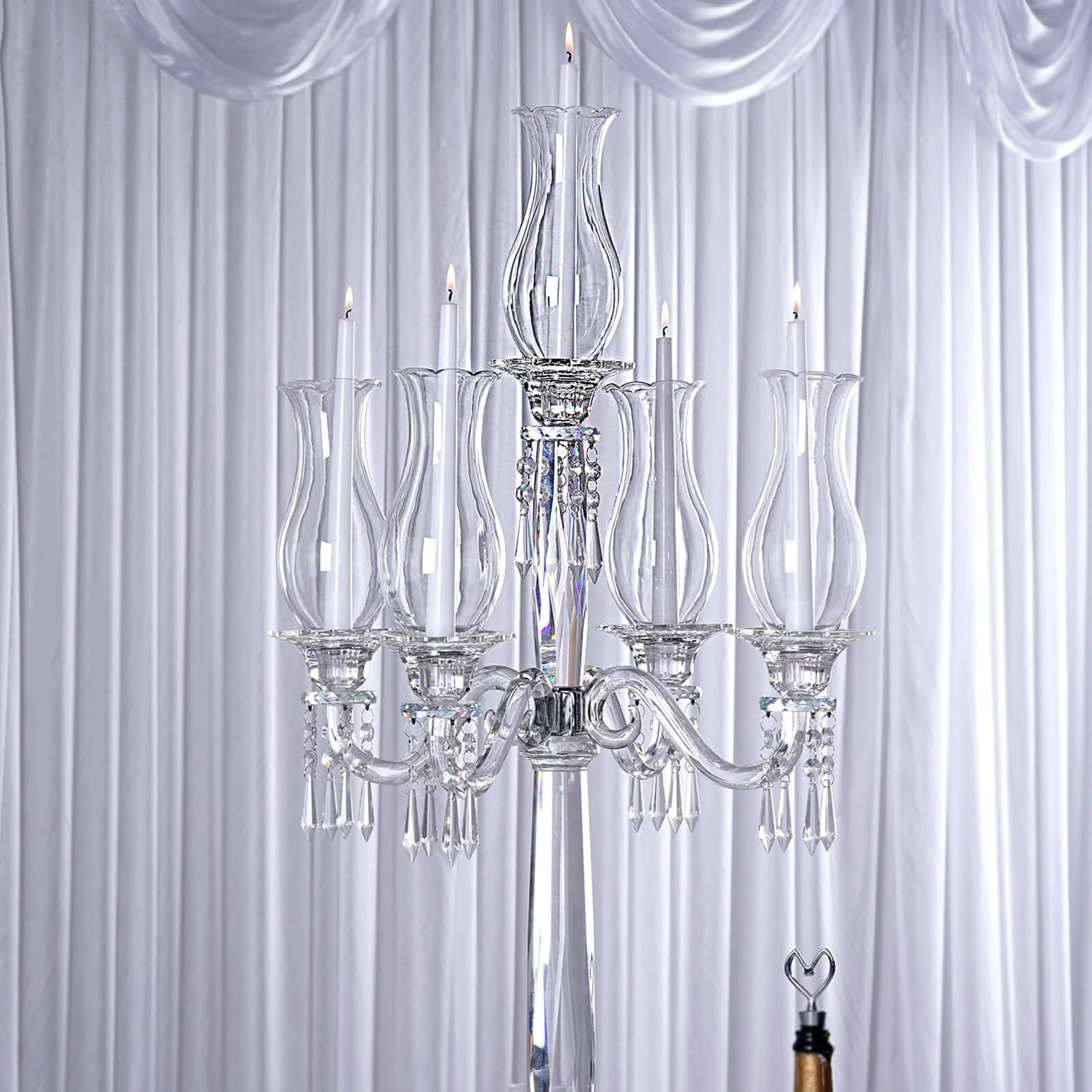 5 Arm Crystal Glass Taper Candle Holder Candelabra 40" - Luxurious Table Centerpiece With Chandelier Chains - Image 8