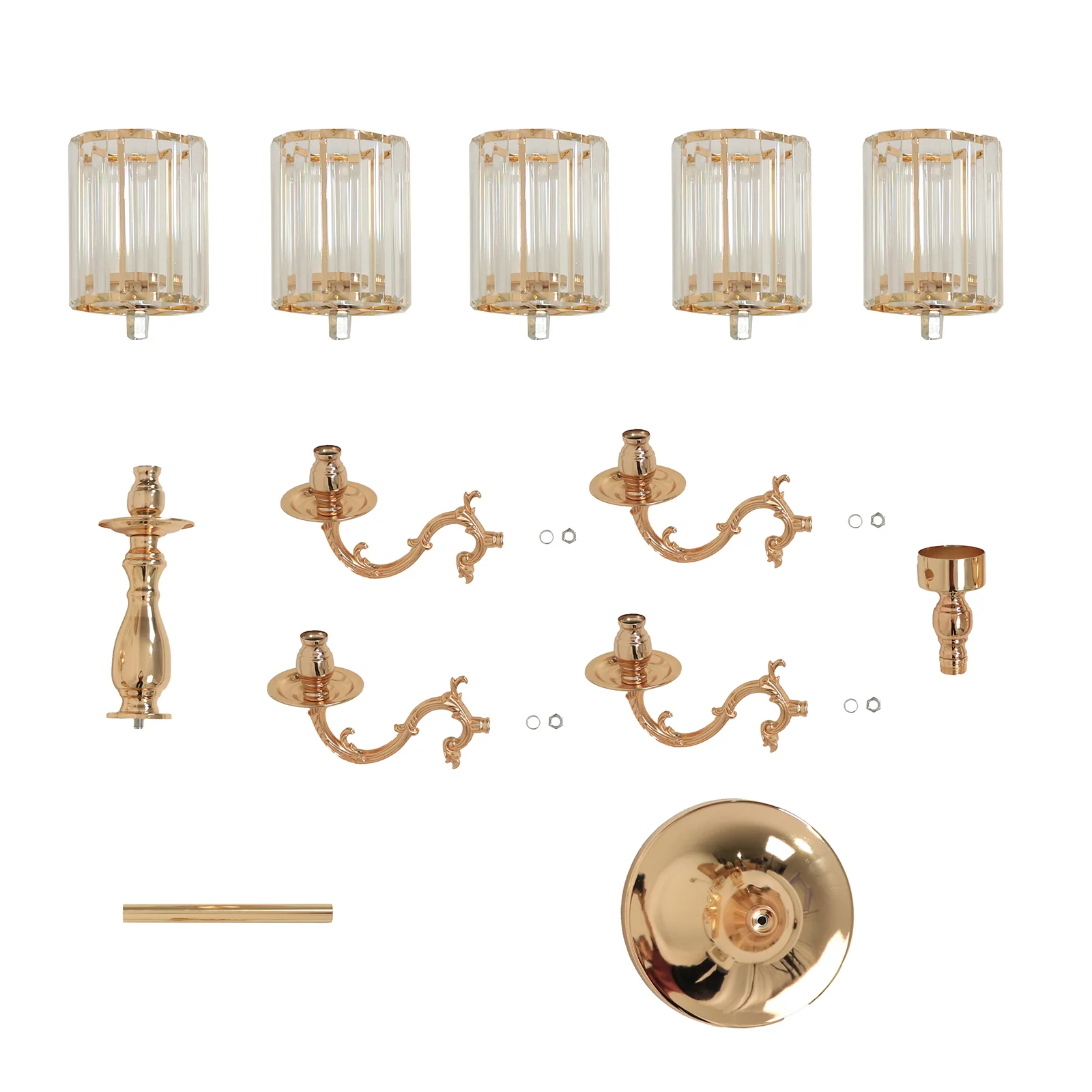 5-Arm Gold Metal Candelabra with Crystal Pendant Glass Shades – 40" Tall Candle Holder for Pillar, LED, and Flameless Candles - Image 6