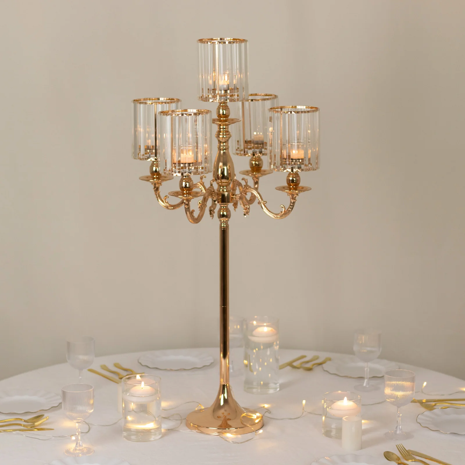 5-Arm Gold Metal Candelabra with Crystal Pendant Glass Shades – 40" Tall Candle Holder for Pillar, LED, and Flameless Candles - Image 8