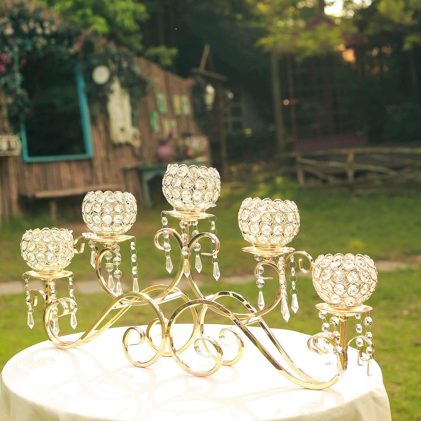 5-Arm Metal Candelabra 27" Horizontal Design with Crystal Goblets Gold - Table Centerpiece for Events - Image 7