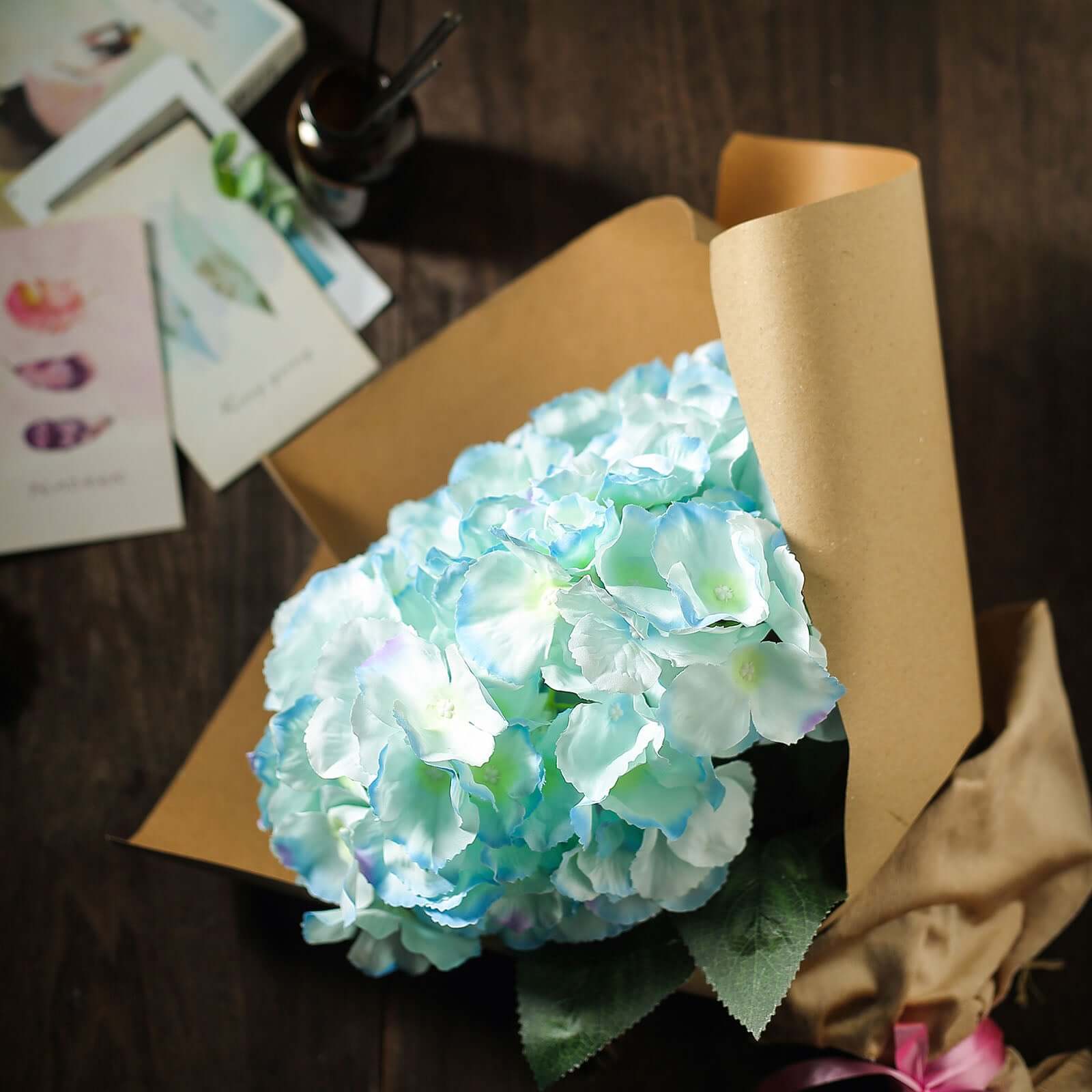 5 Bushes Light Blue Artificial Silk Hydrangea Flower Bouquets - Image 10