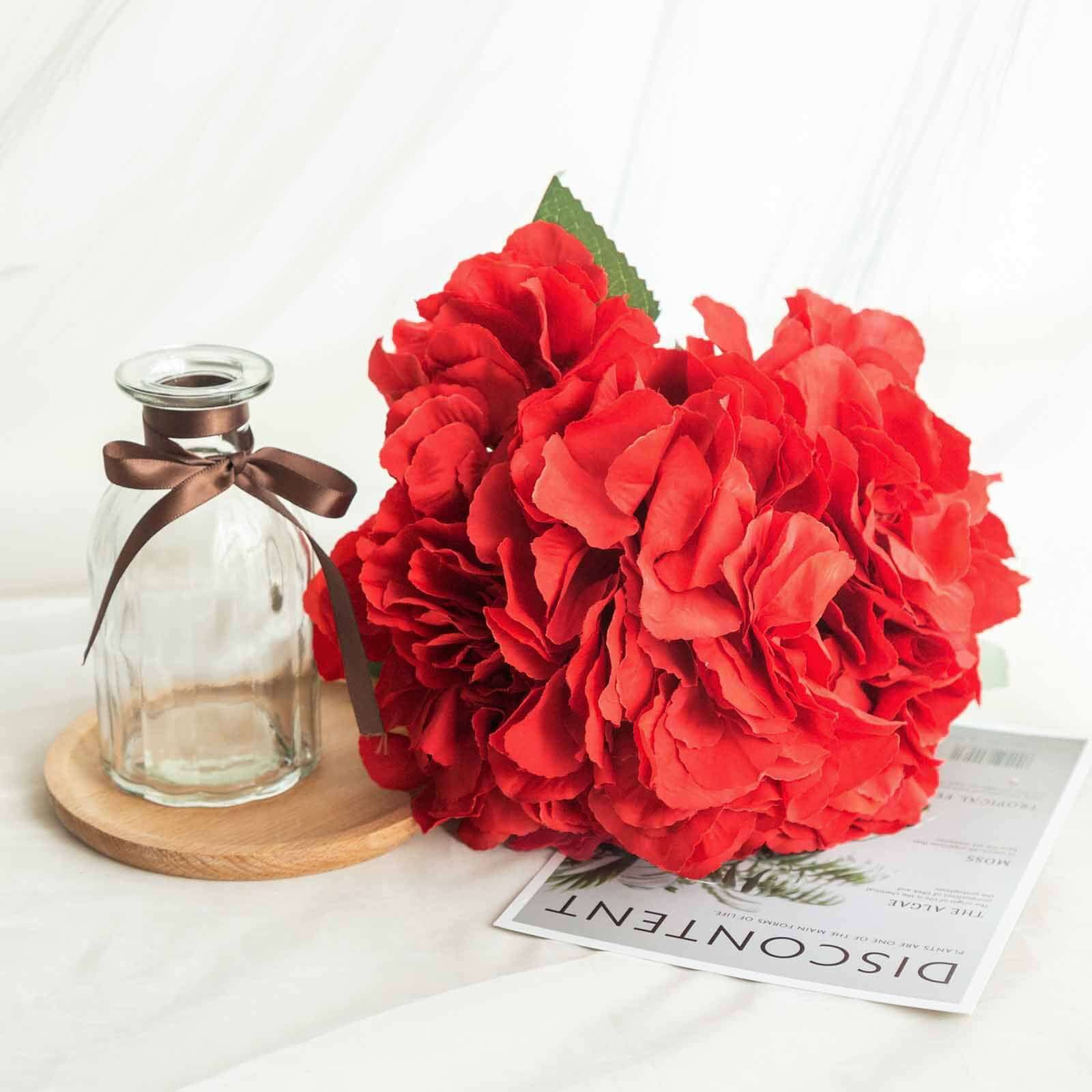 5 Bushes Red Artificial Silk Hydrangea Flower Bouquets - Image 2