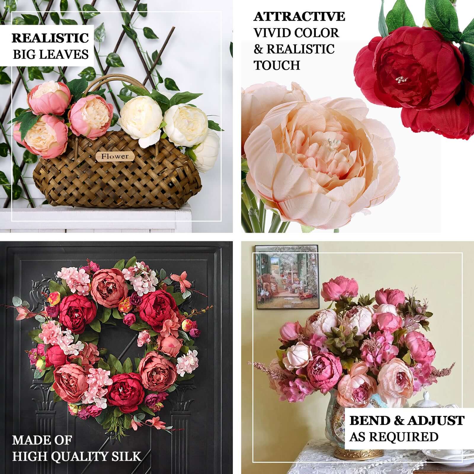 5 Flower Head Beige Peony Bouquet Artificial Silk Peonies Spray - Image 4