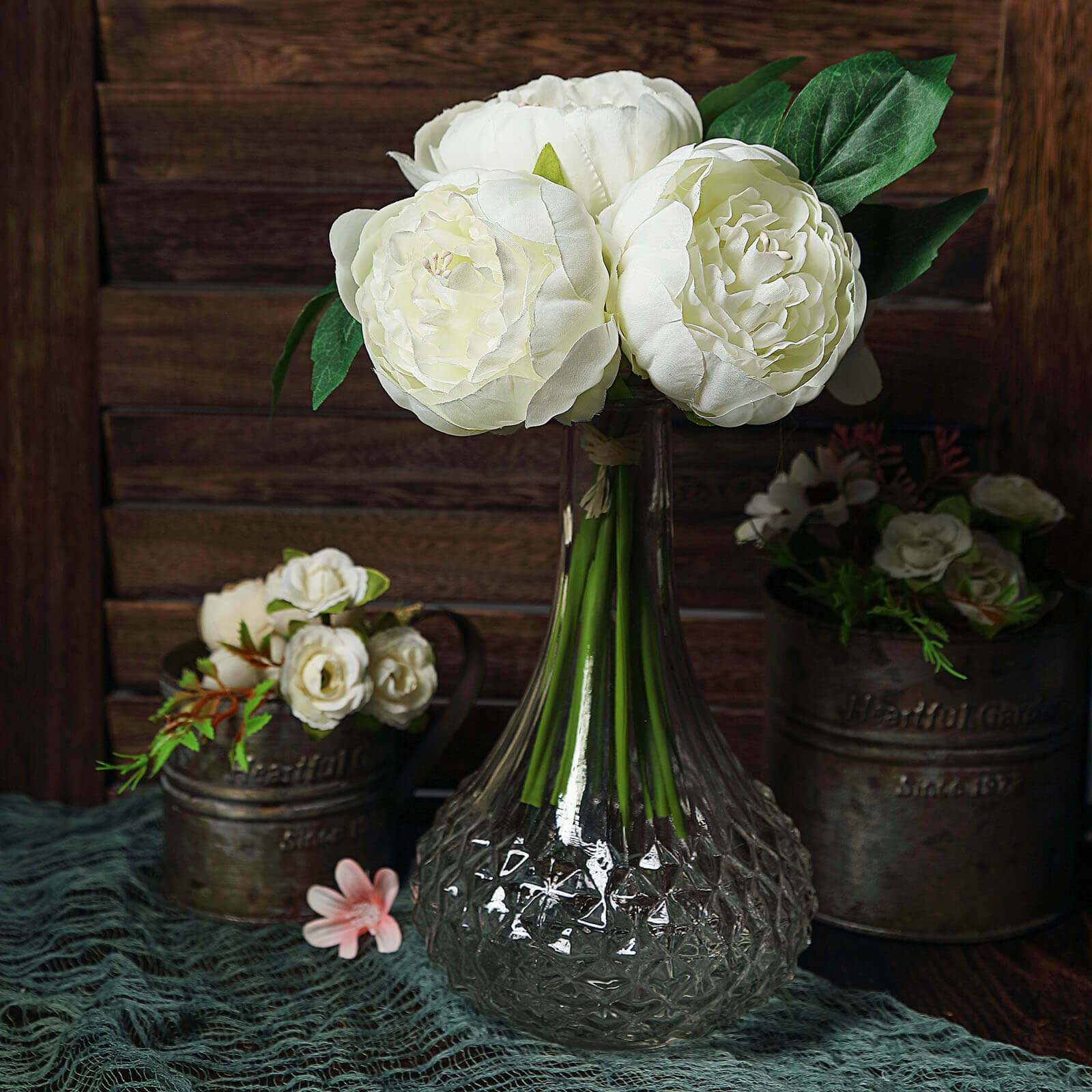 5 Flower Head Cream Peony Bouquet Artificial Silk Peonies Spray - Image 10