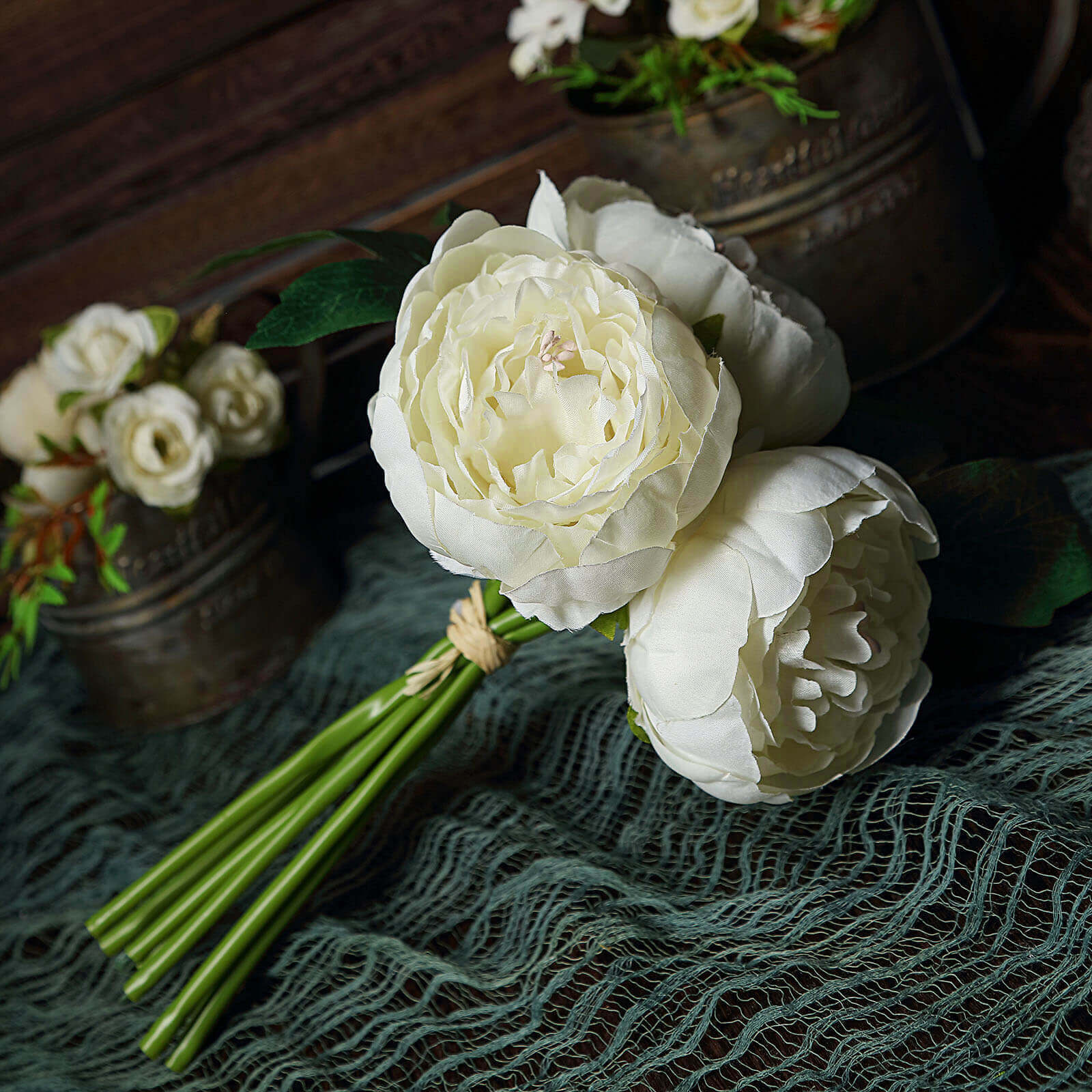 5 Flower Head Cream Peony Bouquet Artificial Silk Peonies Spray - Image 13