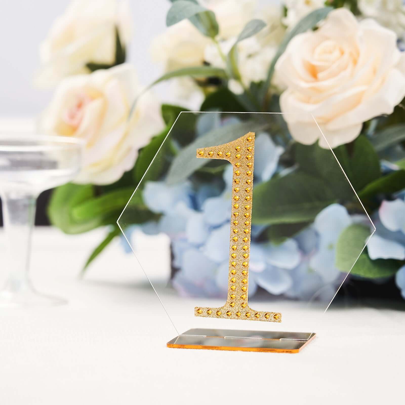 5-Pack Acrylic Table Sign Holders 5", Clear/Gold Hexagon Design - Perfect for Wedding Table Numbers and Menus - Image 10