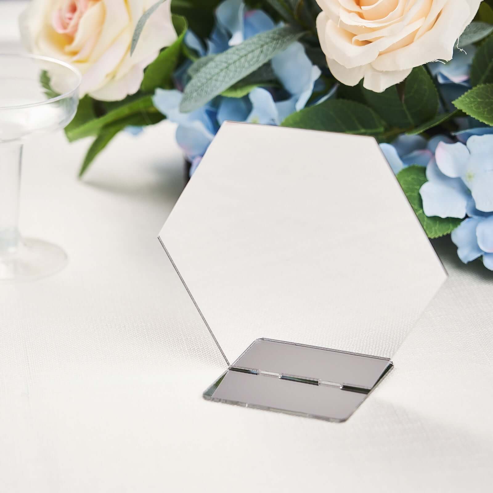 5-Pack Acrylic Table Sign Holders 5", Silver Hexagon Design - Perfect for Wedding Table Numbers and Menus