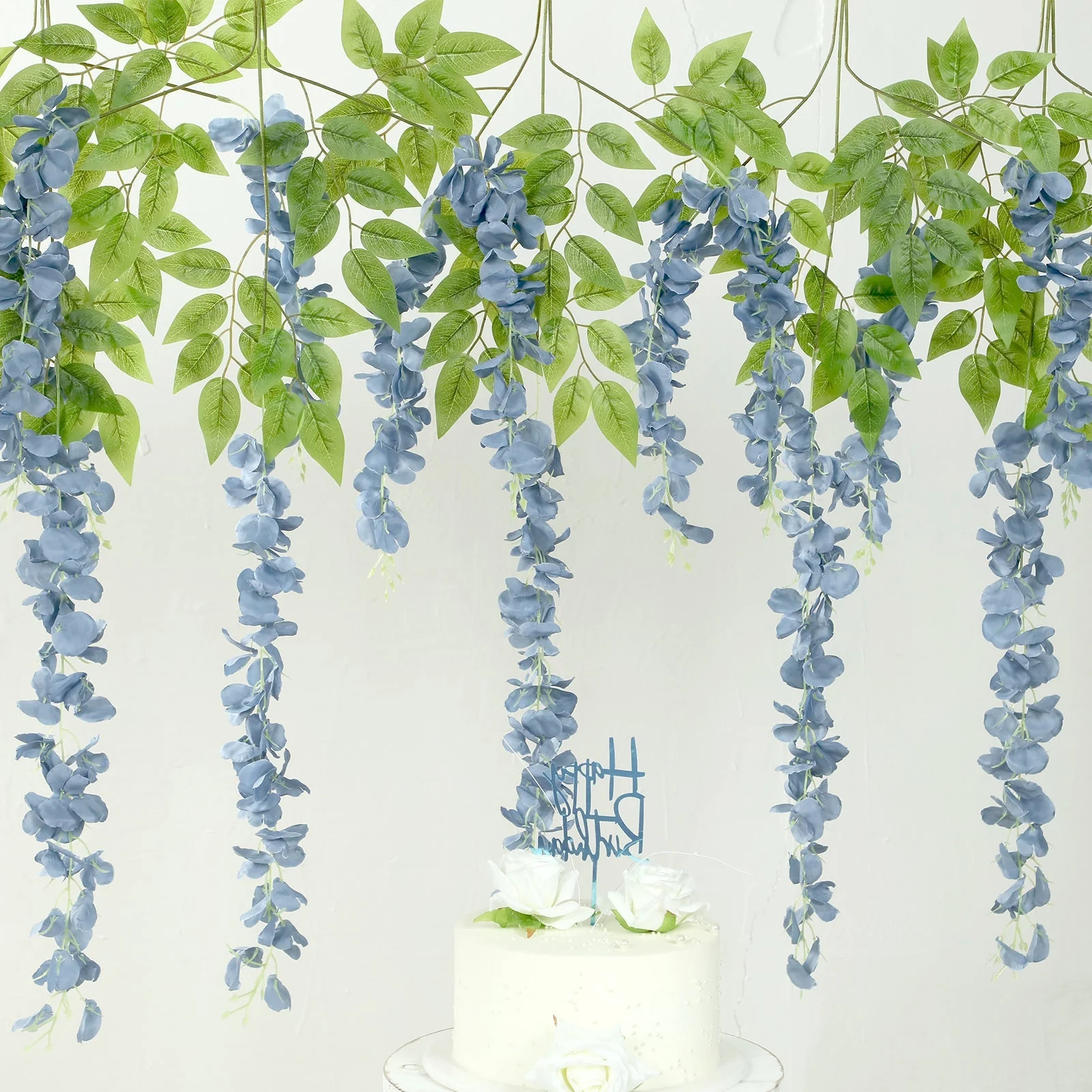 5 Pack Artificial Silk Hanging Wisteria Flower Garland Vines in Dusty Blue, 3 Strands in 1 Bush - 44" - Image 7