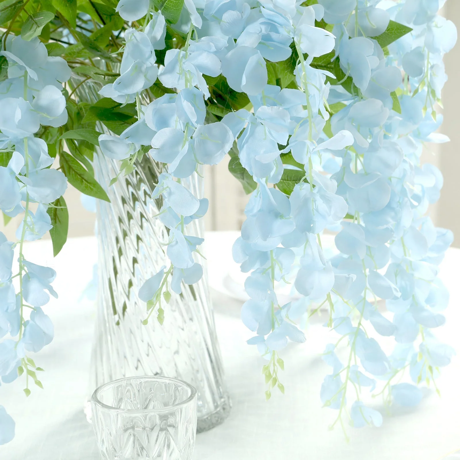 5 Pack Artificial Silk Hanging Wisteria Flower Garland Vines in Light Blue, 3 Strands in 1 Bush - 44" - Image 6
