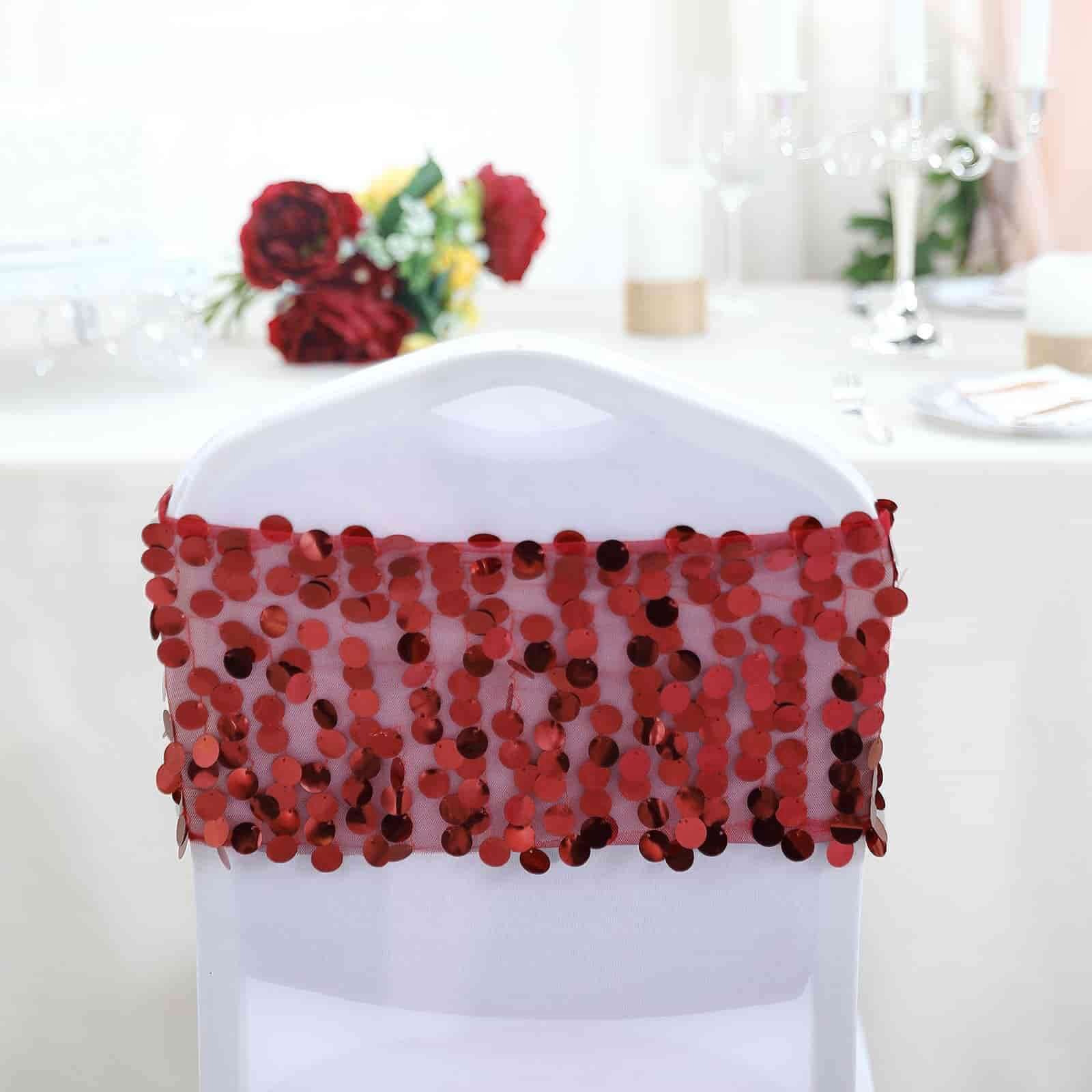 5 Pack Big Payette Sequin Chair Sash Bands 13"x10" Burgundy - Radiant Decorative Design - Image 9