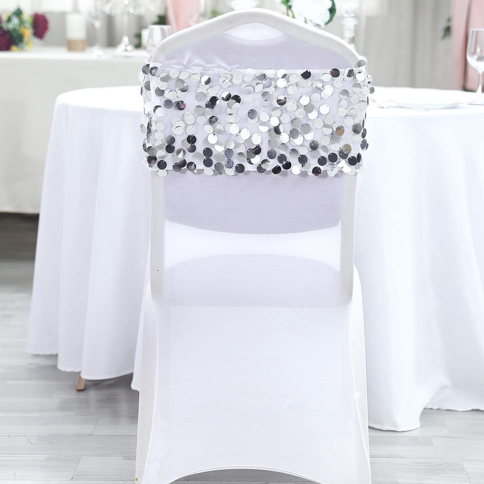 5 Pack Big Payette Sequin Chair Sash Bands 13"x10" Silver - Radiant Decorative Design - Image 2