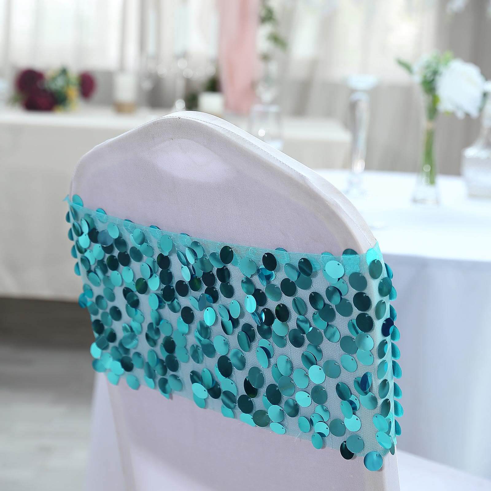 5 Pack Big Payette Sequin Chair Sash Bands 13"x10" Turquoise - Radiant Decorative Design - Image 7