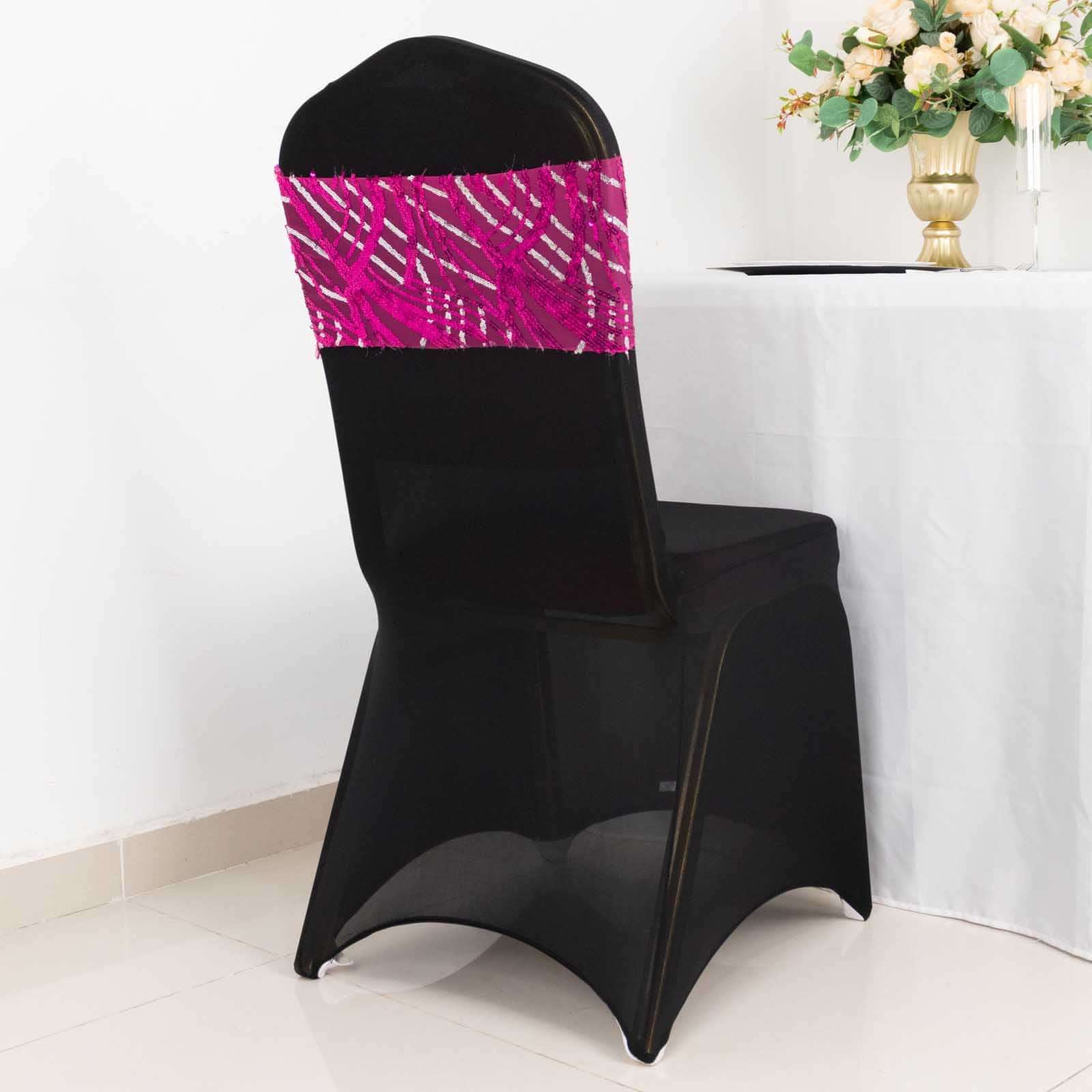 5 Pack Chair Sash Bands Fuchsia/Silver Wave with Embroidered Sequins - Glittering Decorative Design - Image 2
