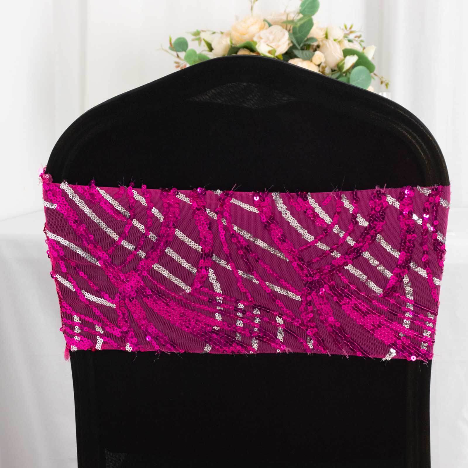 5 Pack Chair Sash Bands Fuchsia/Silver Wave with Embroidered Sequins - Glittering Decorative Design - Image 3