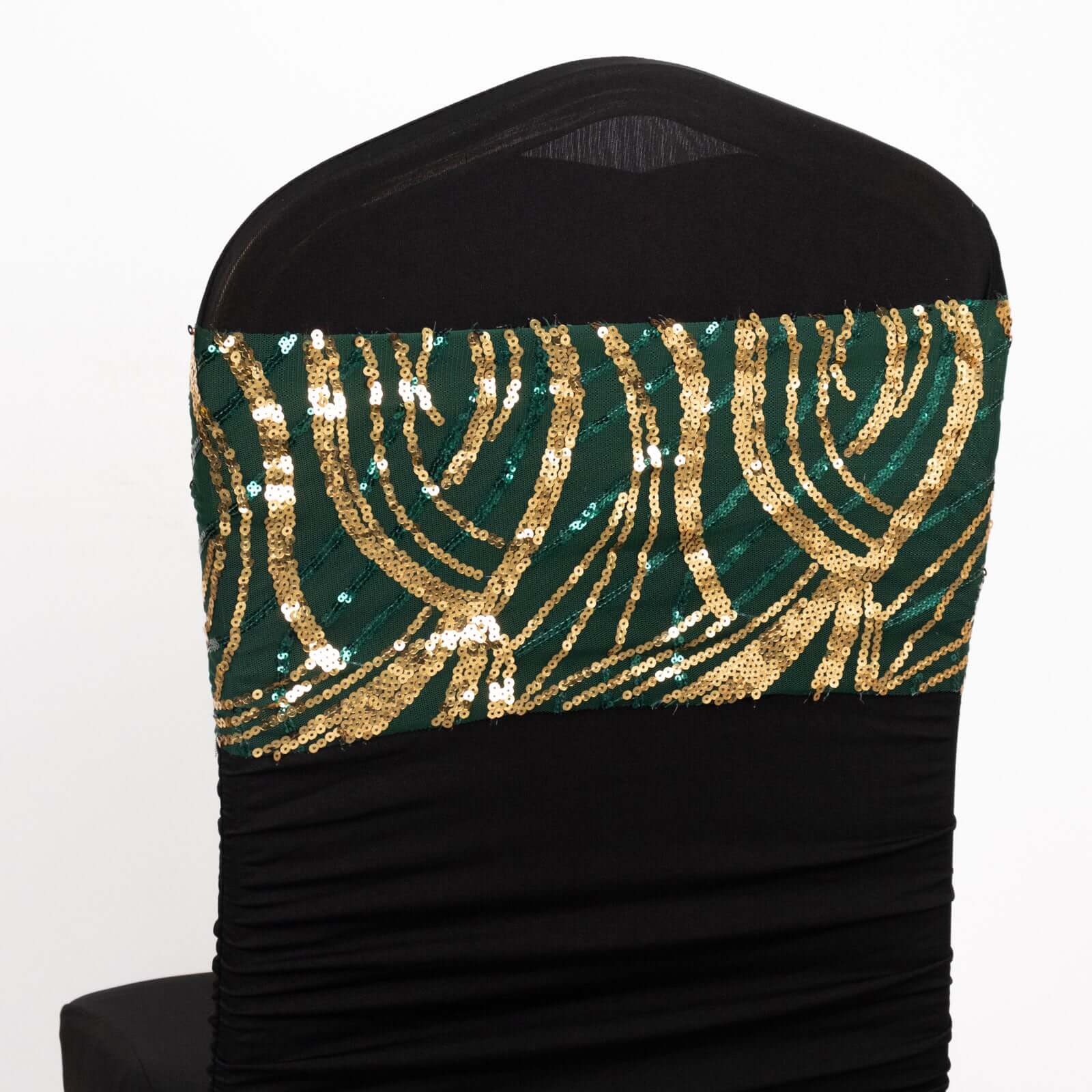 5 Pack Chair Sash Bands Hunter Emerald Green/Gold Wave with Embroidered Sequins - Glittering Decorative Design - Image 3
