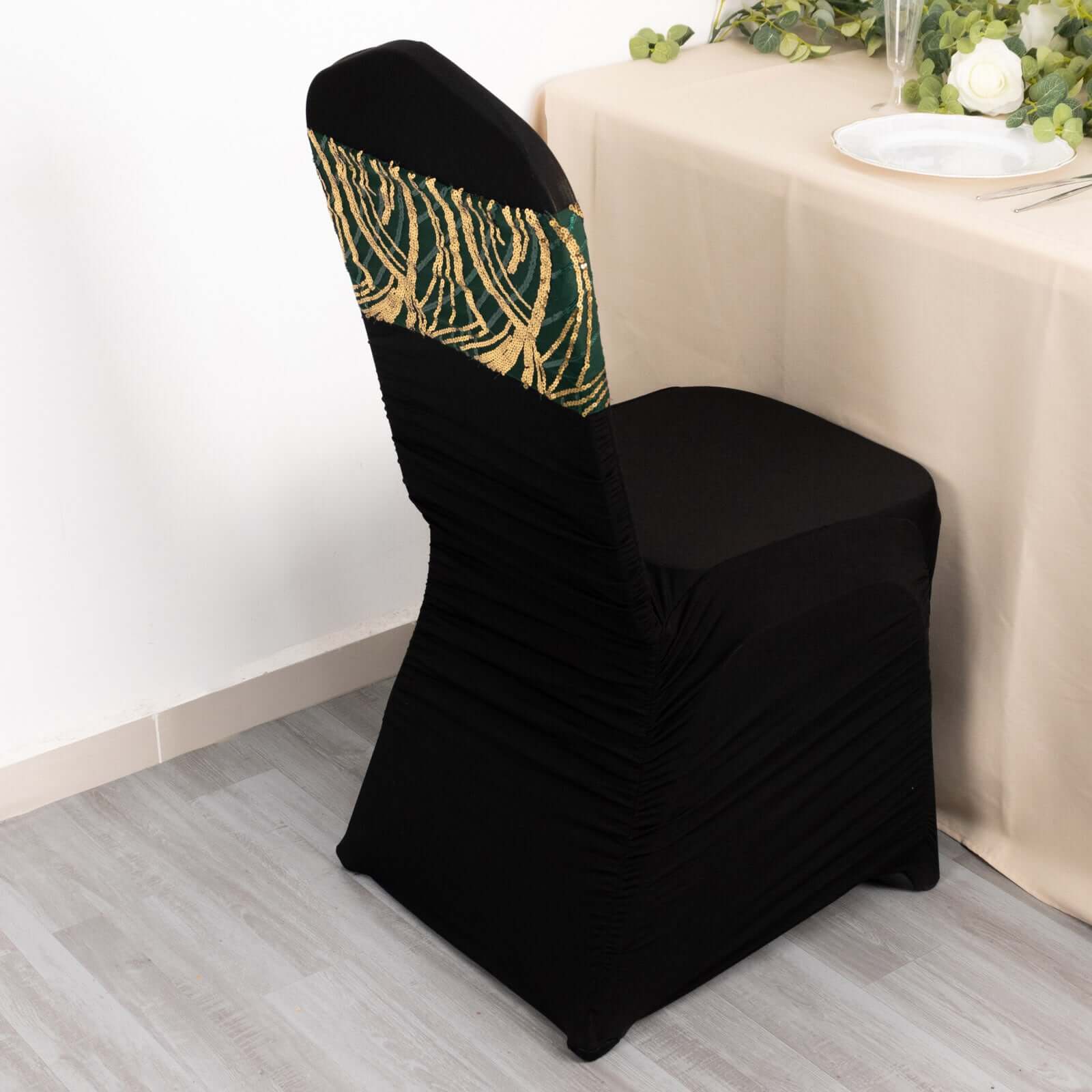 5 Pack Chair Sash Bands Hunter Emerald Green/Gold Wave with Embroidered Sequins - Glittering Decorative Design - Image 7