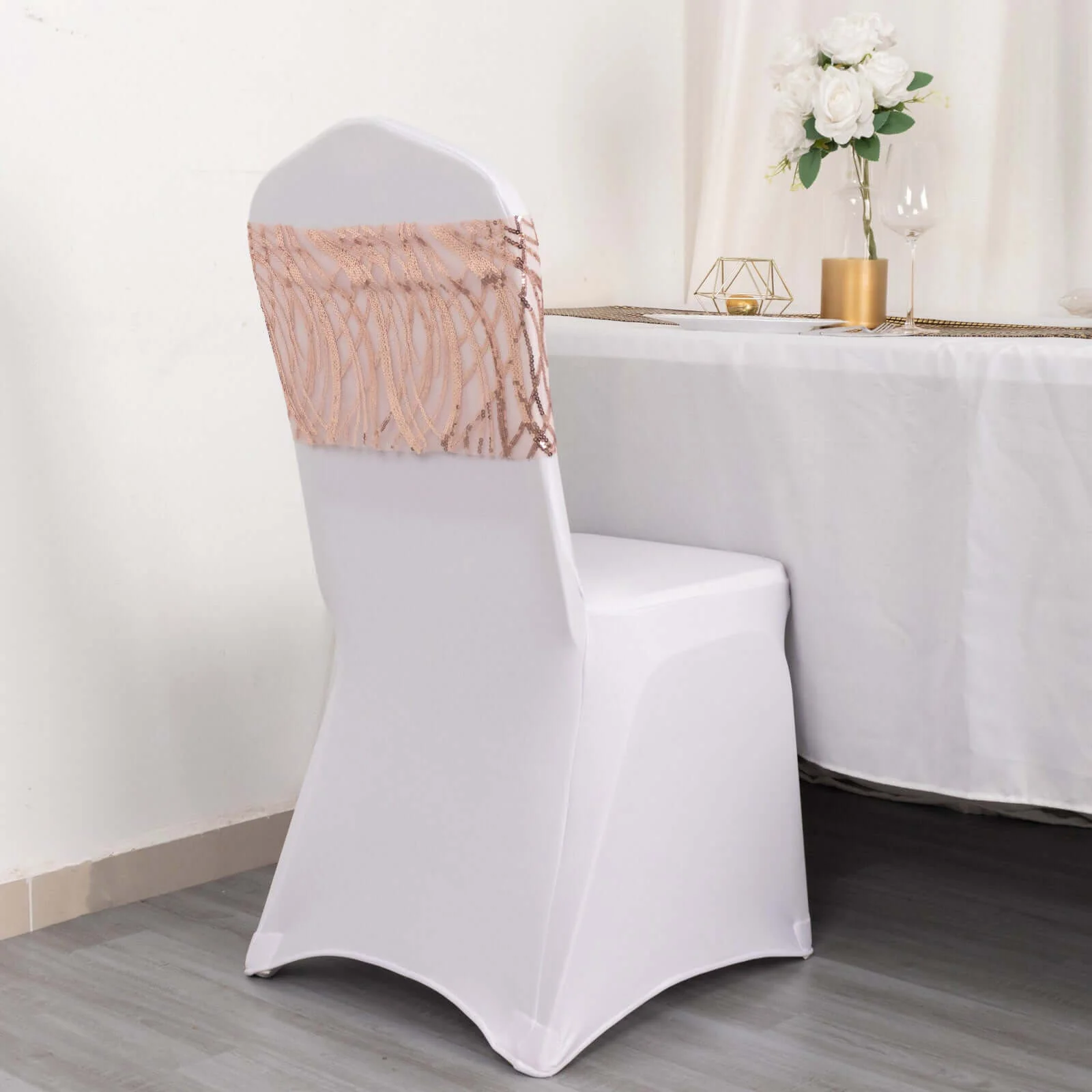 5 Pack Chair Sash Bands Rose Gold Wave with Embroidered Sequins - Glittering Decorative Design - Image 2