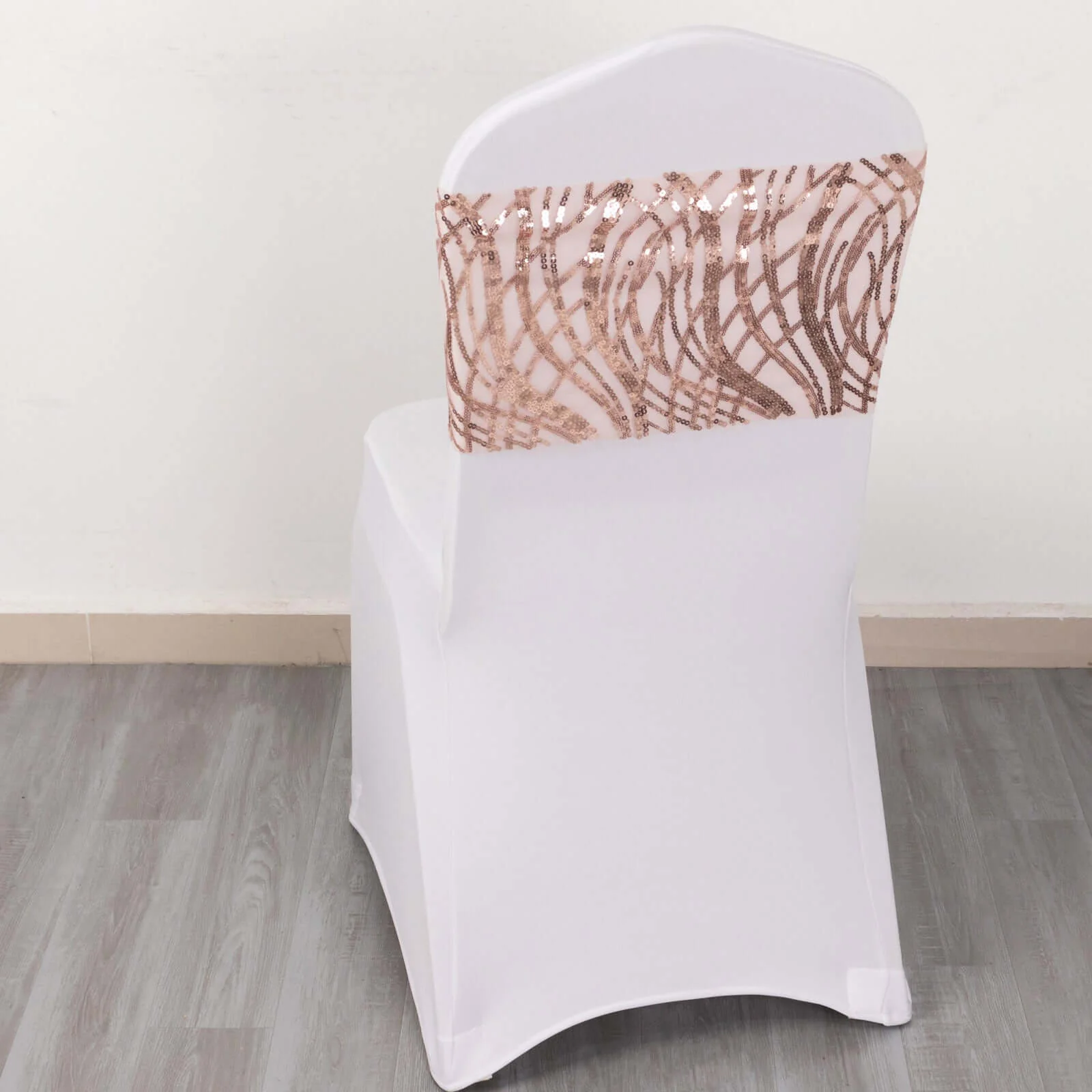 5 Pack Chair Sash Bands Rose Gold Wave with Embroidered Sequins - Glittering Decorative Design - Image 6