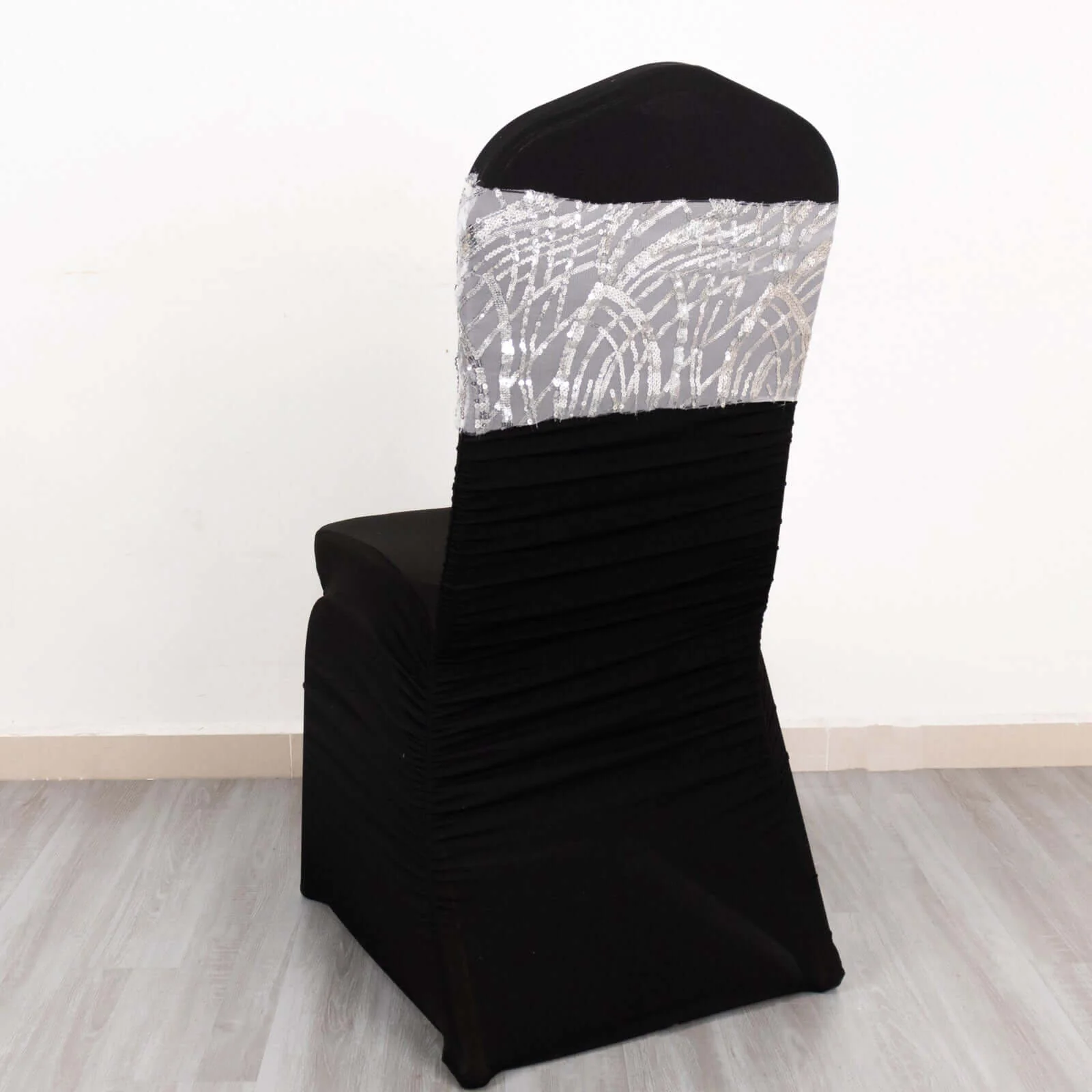 5 Pack Chair Sash Bands Silver Wave with Embroidered Sequins - Glittering Decorative Design
