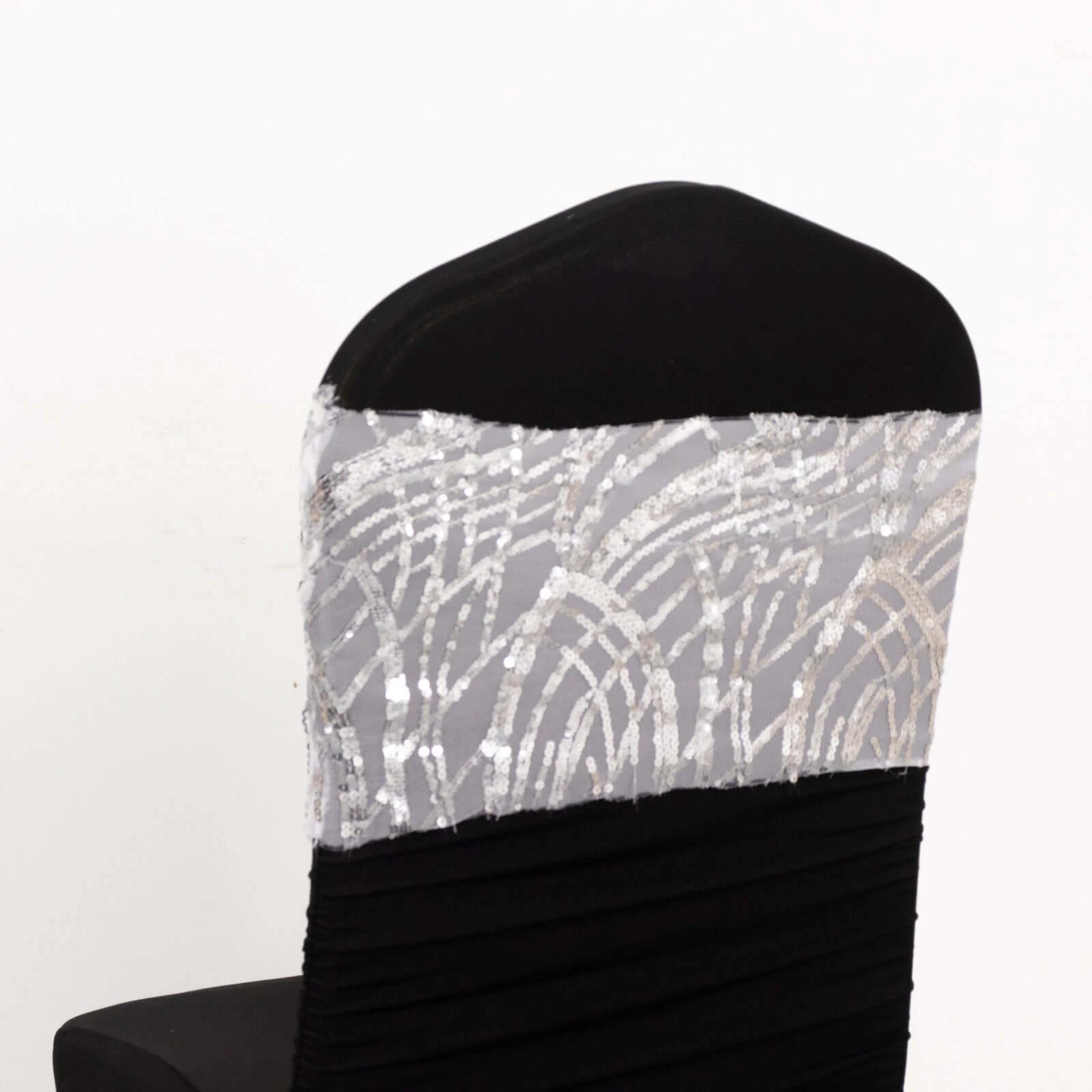 5 Pack Chair Sash Bands Silver Wave with Embroidered Sequins - Glittering Decorative Design - Image 3