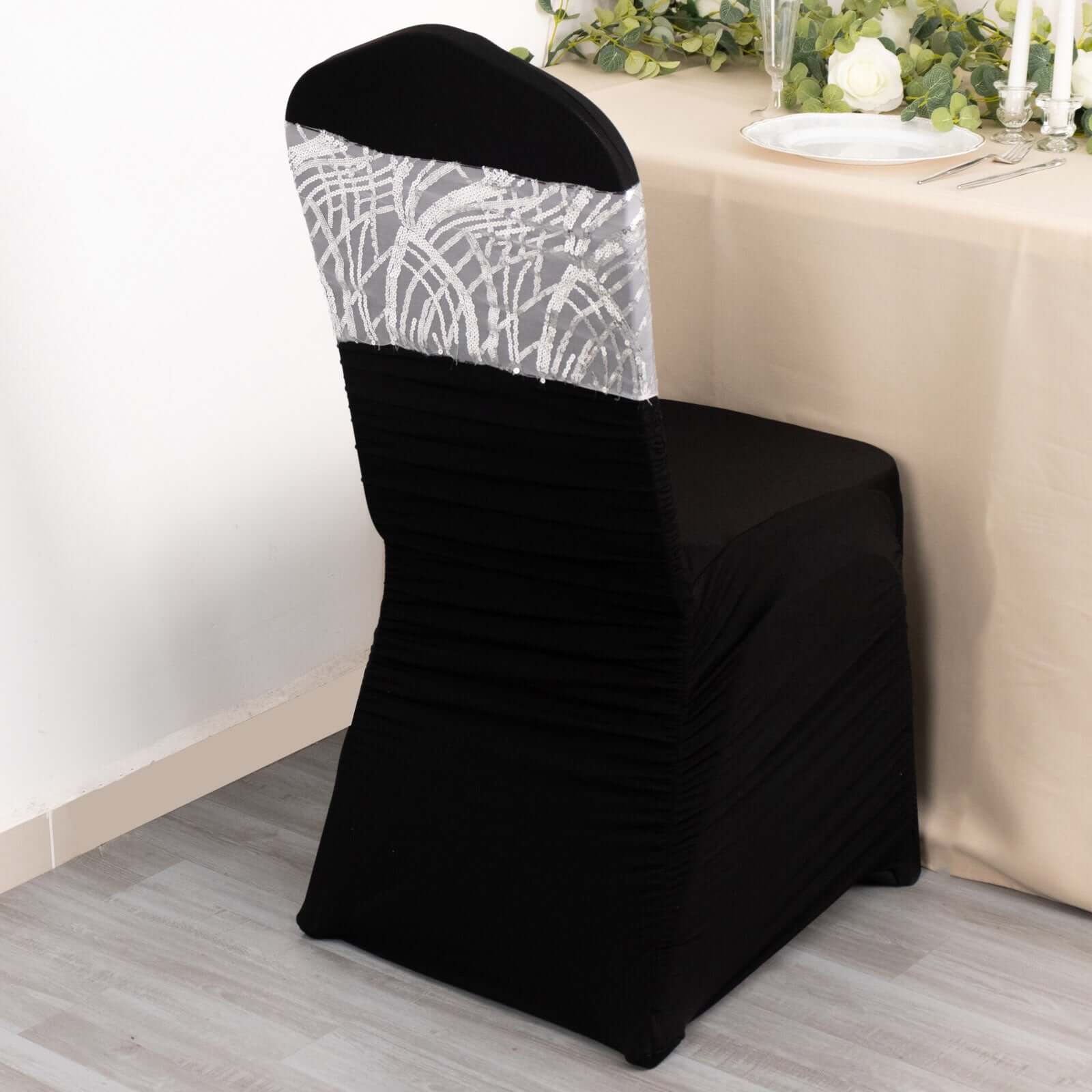 5 Pack Chair Sash Bands Silver Wave with Embroidered Sequins - Glittering Decorative Design - Image 6