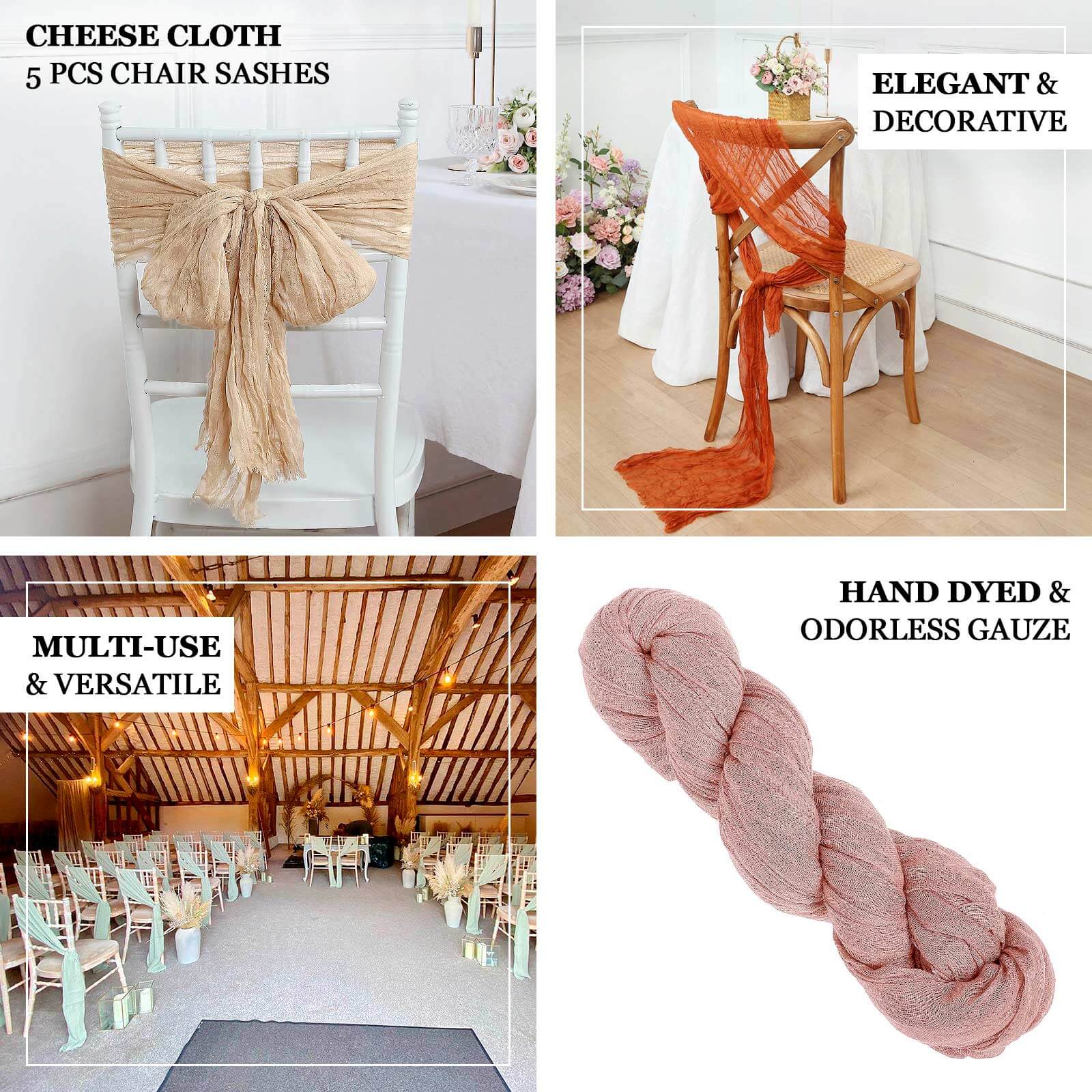 5 Pack Cheesecloth Gauze Chair Sashes 16"x88" Terracotta (Rust) - Boho Decorative Accent - Image 3