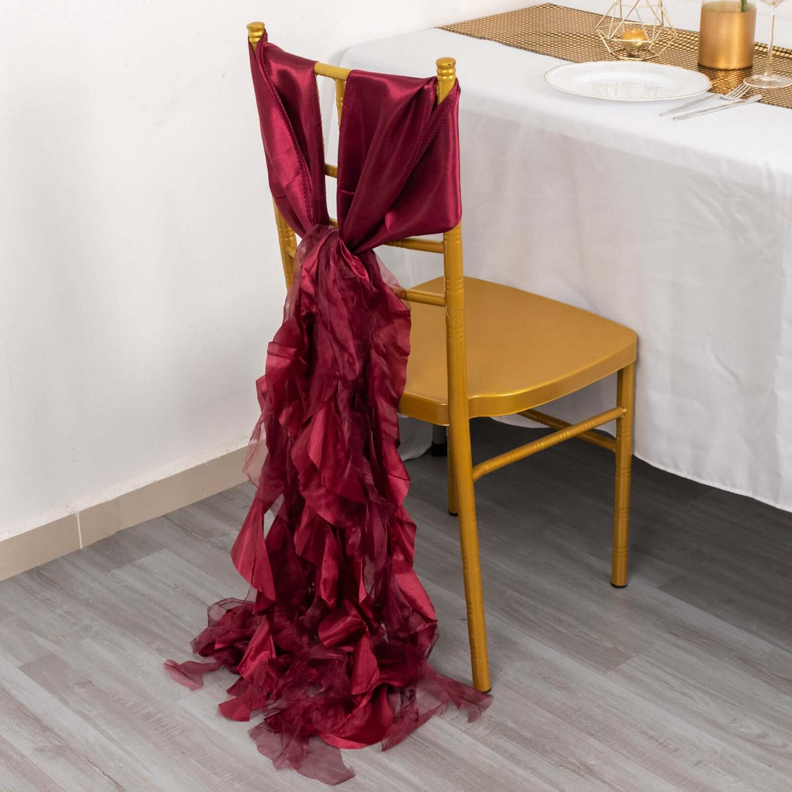 5 Pack Chiffon Satin Chair Sashes Burgundy Curly Willow Style - Easy to Use Flowy Chair Bows - Image 2