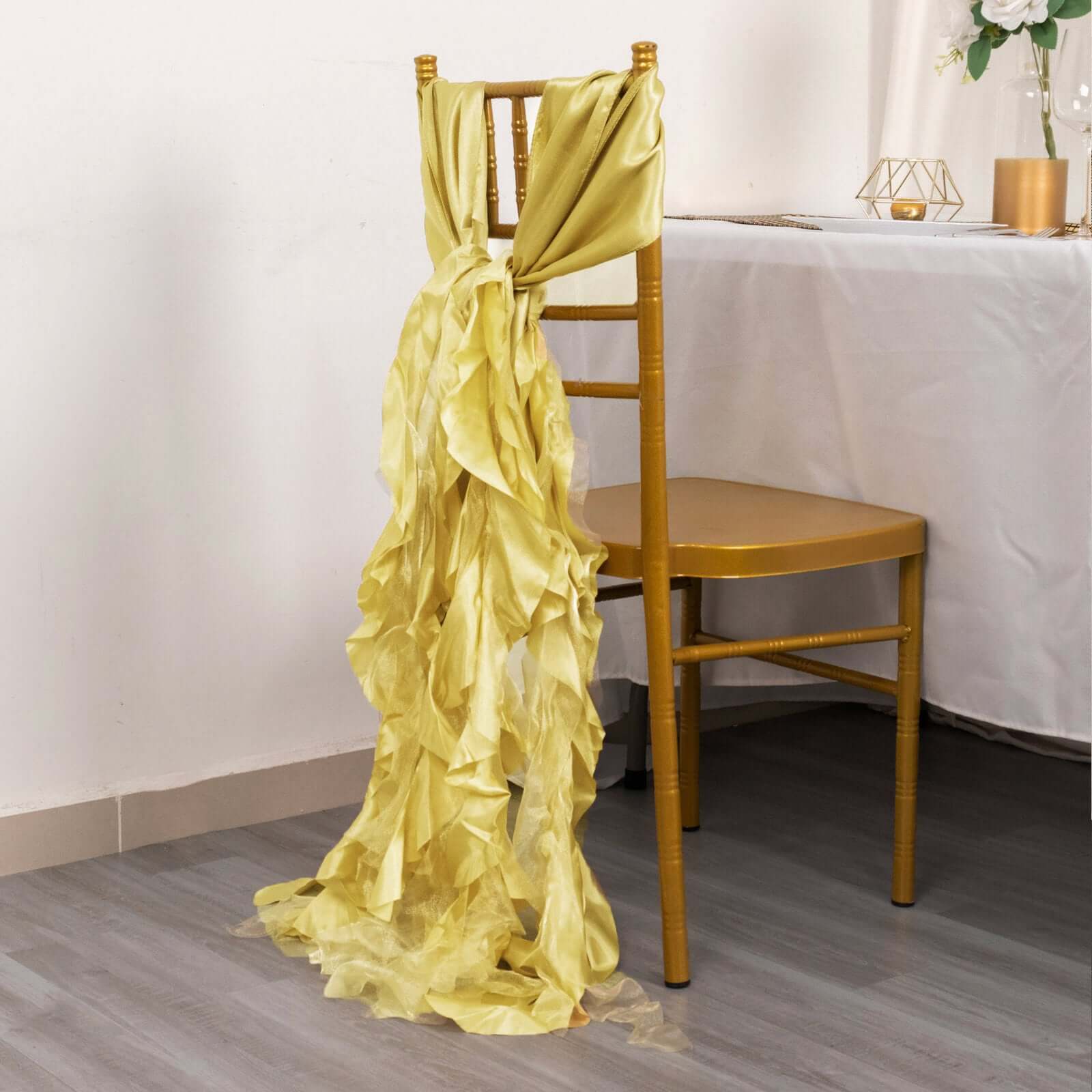 5 Pack Chiffon Satin Chair Sashes Champagne Curly Willow Style - Easy to Use Flowy Chair Bows - Image 9