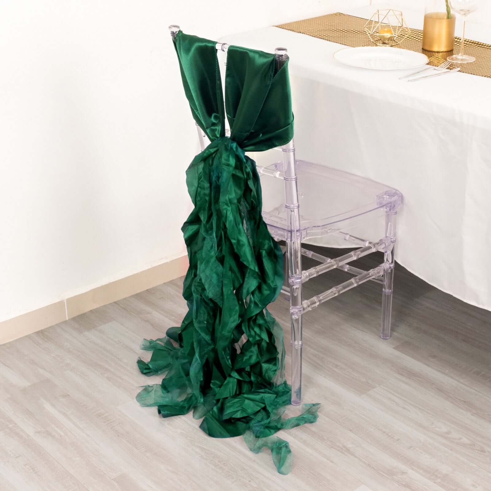 5 Pack Chiffon Satin Chair Sashes Hunter Emerald Green Curly Willow Style - Easy to Use Flowy Chair Bows - Image 2