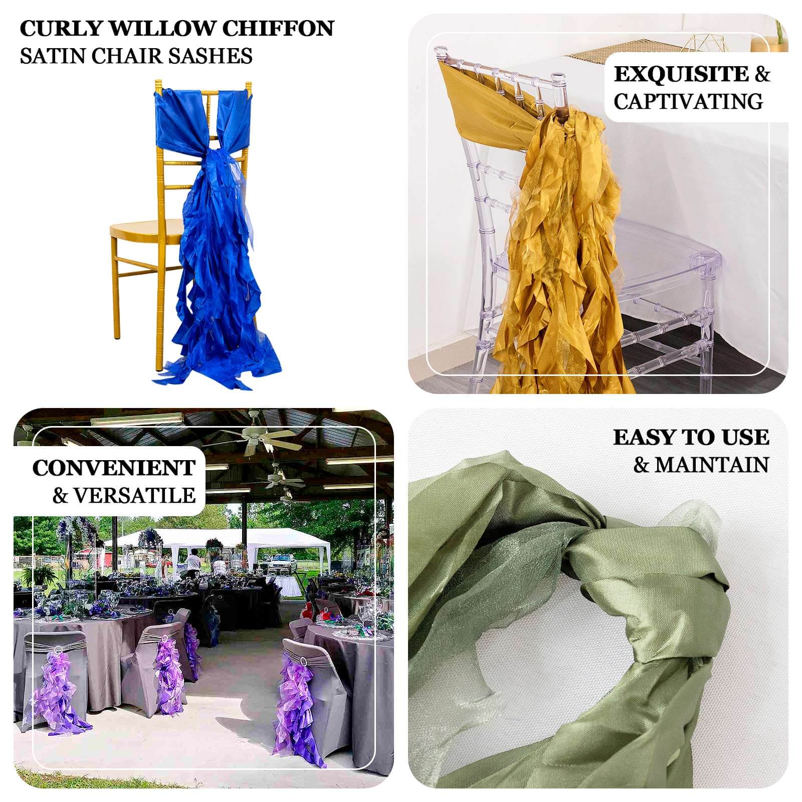 5 Pack Chiffon Satin Chair Sashes Ivory Curly Willow Style - Easy to Use Flowy Chair Bows - Image 4
