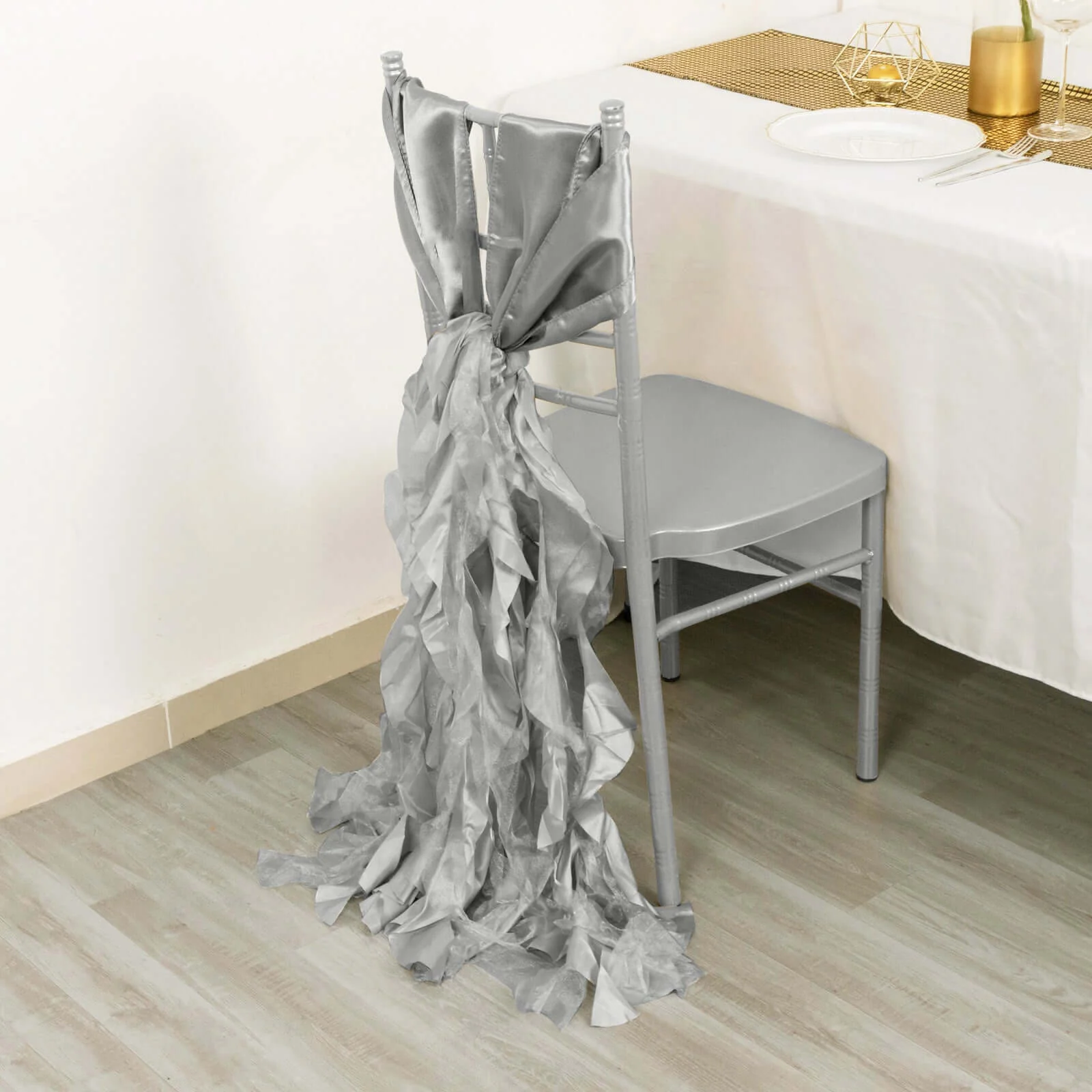 5 Pack Chiffon Satin Chair Sashes Silver Curly Willow Style - Easy to Use Flowy Chair Bows - Image 2