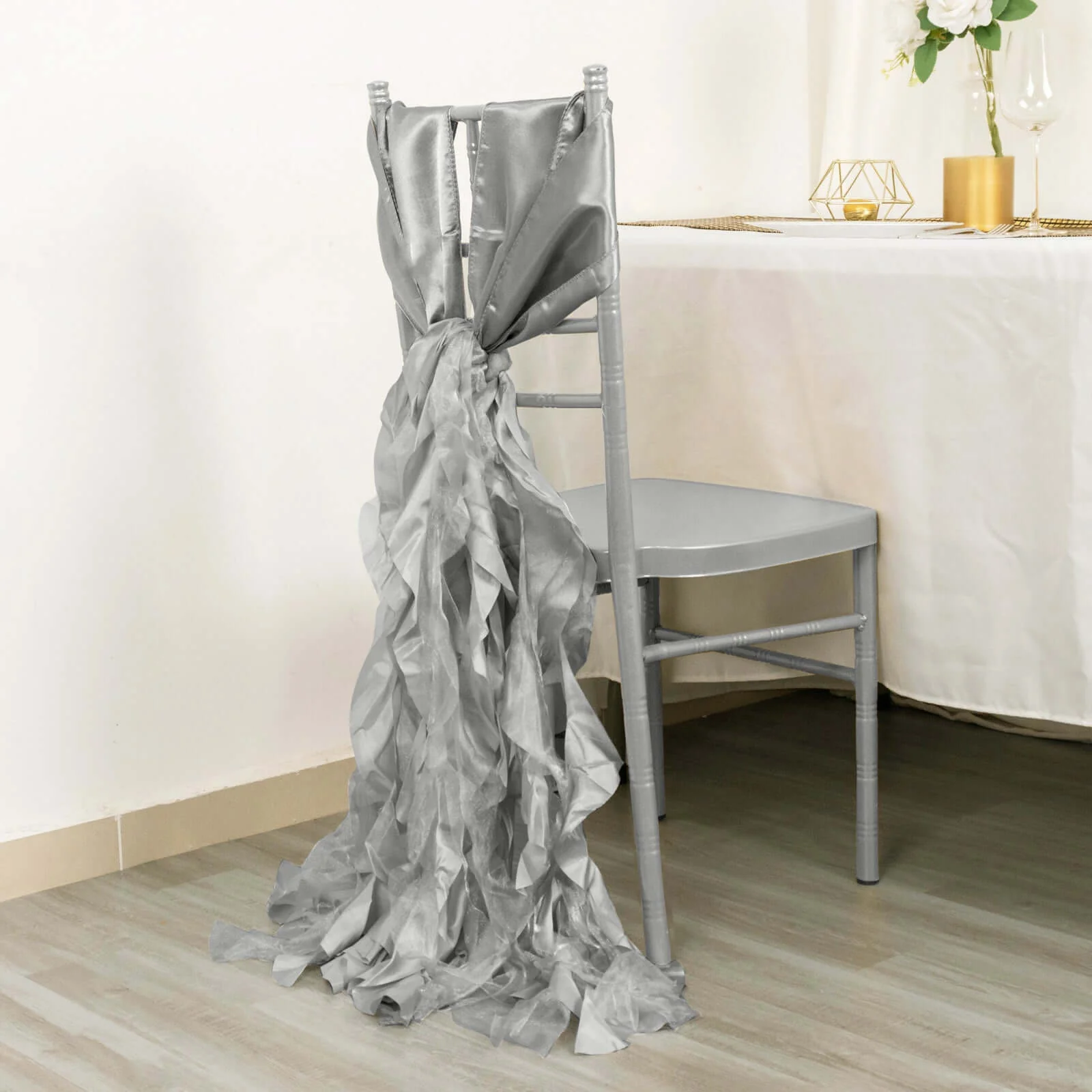 5 Pack Chiffon Satin Chair Sashes Silver Curly Willow Style - Easy to Use Flowy Chair Bows - Image 7