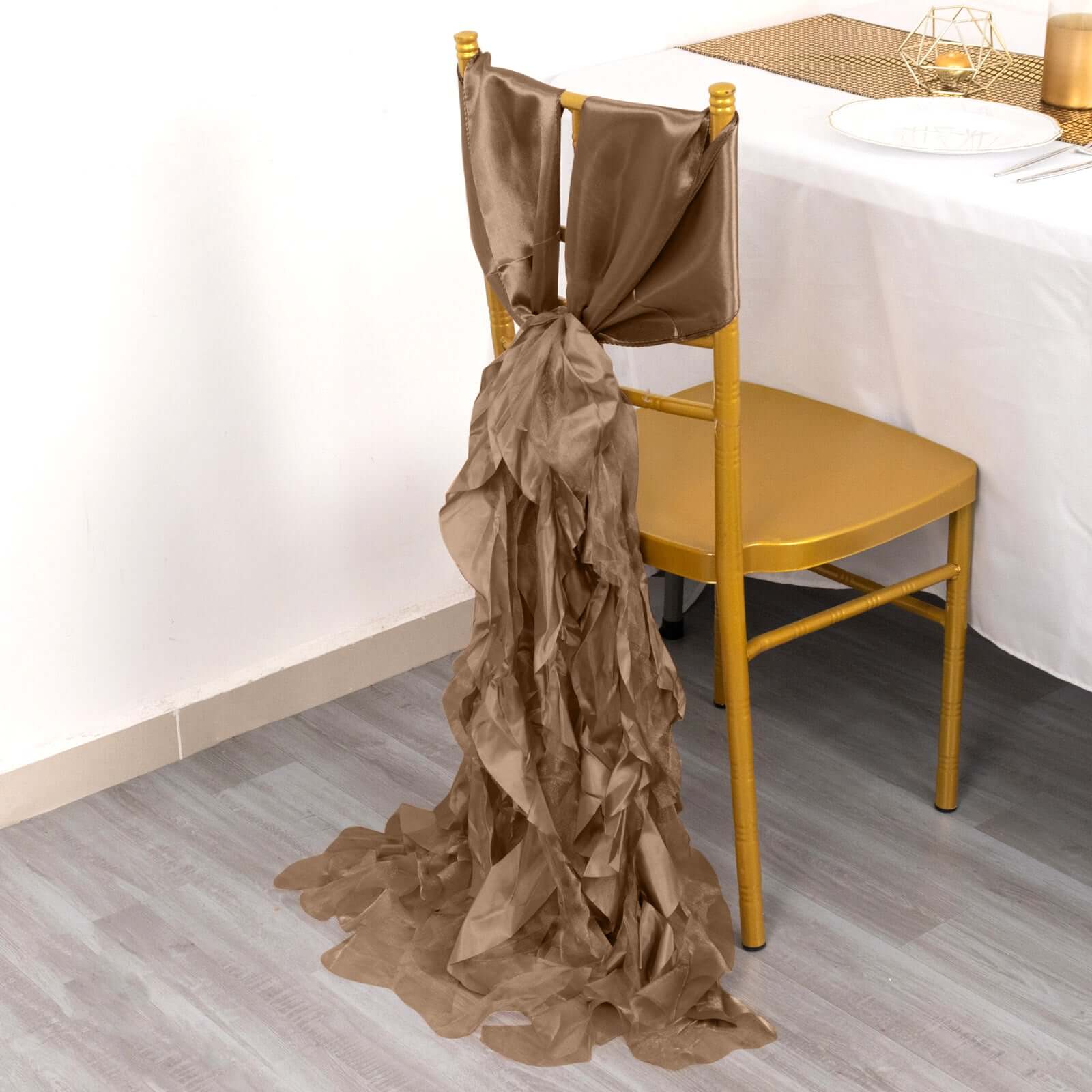 5 Pack Chiffon Satin Chair Sashes Taupe Curly Willow Style - Easy to Use Flowy Chair Bows - Image 2