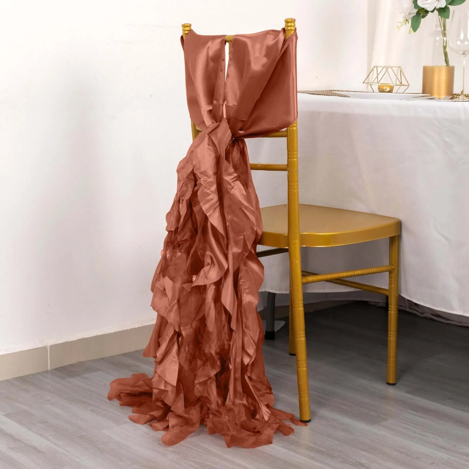 5 Pack Chiffon Satin Chair Sashes Terracotta (Rust) Curly Willow Style - Easy to Use Flowy Chair Bows - Image 9