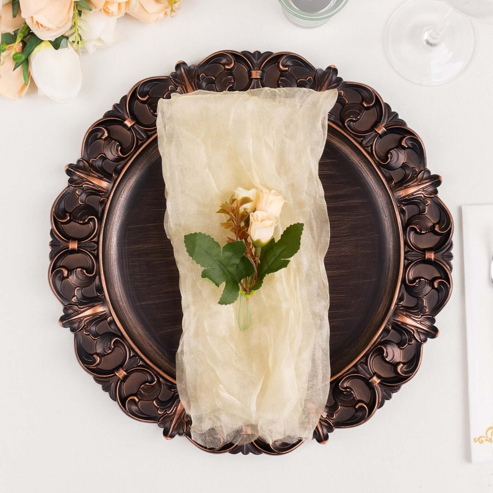 5 Pack Crinkled Organza Napkins 21"x21" Champagne - Sheer & Lightweight Cloth Napkins - Image 10
