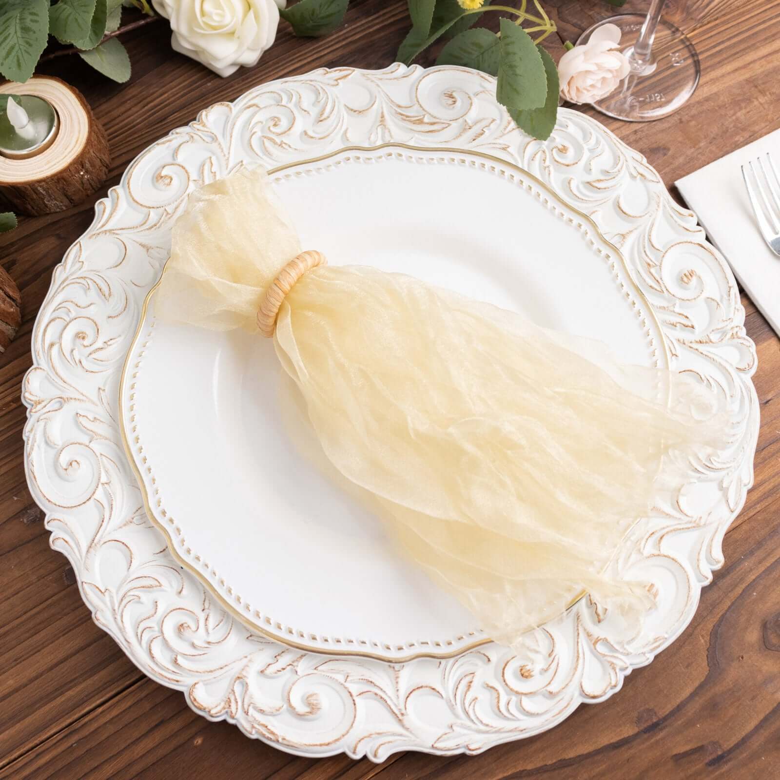 5 Pack Crinkled Organza Napkins 21"x21" Champagne - Sheer & Lightweight Cloth Napkins - Image 2