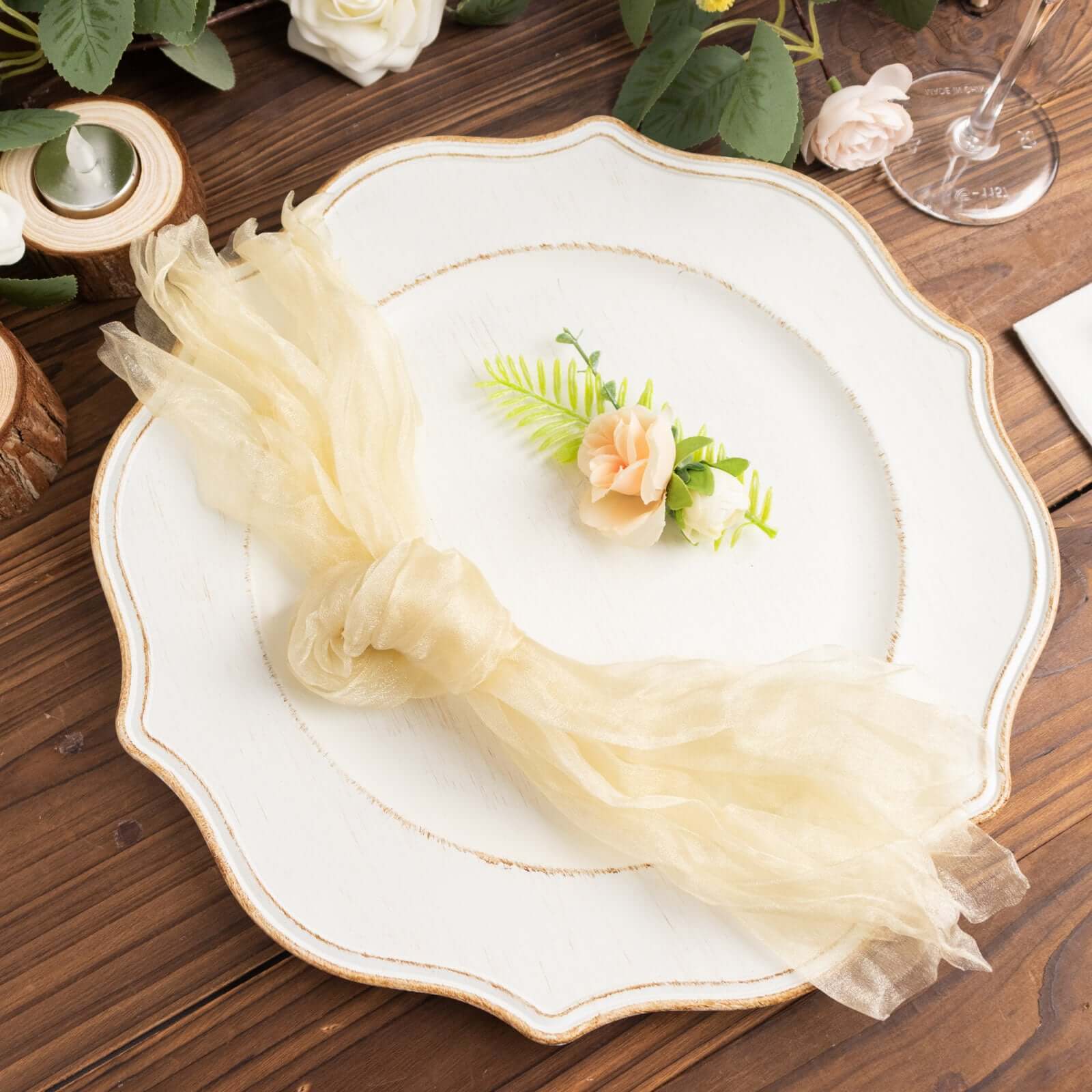 5 Pack Crinkled Organza Napkins 21"x21" Champagne - Sheer & Lightweight Cloth Napkins - Image 5