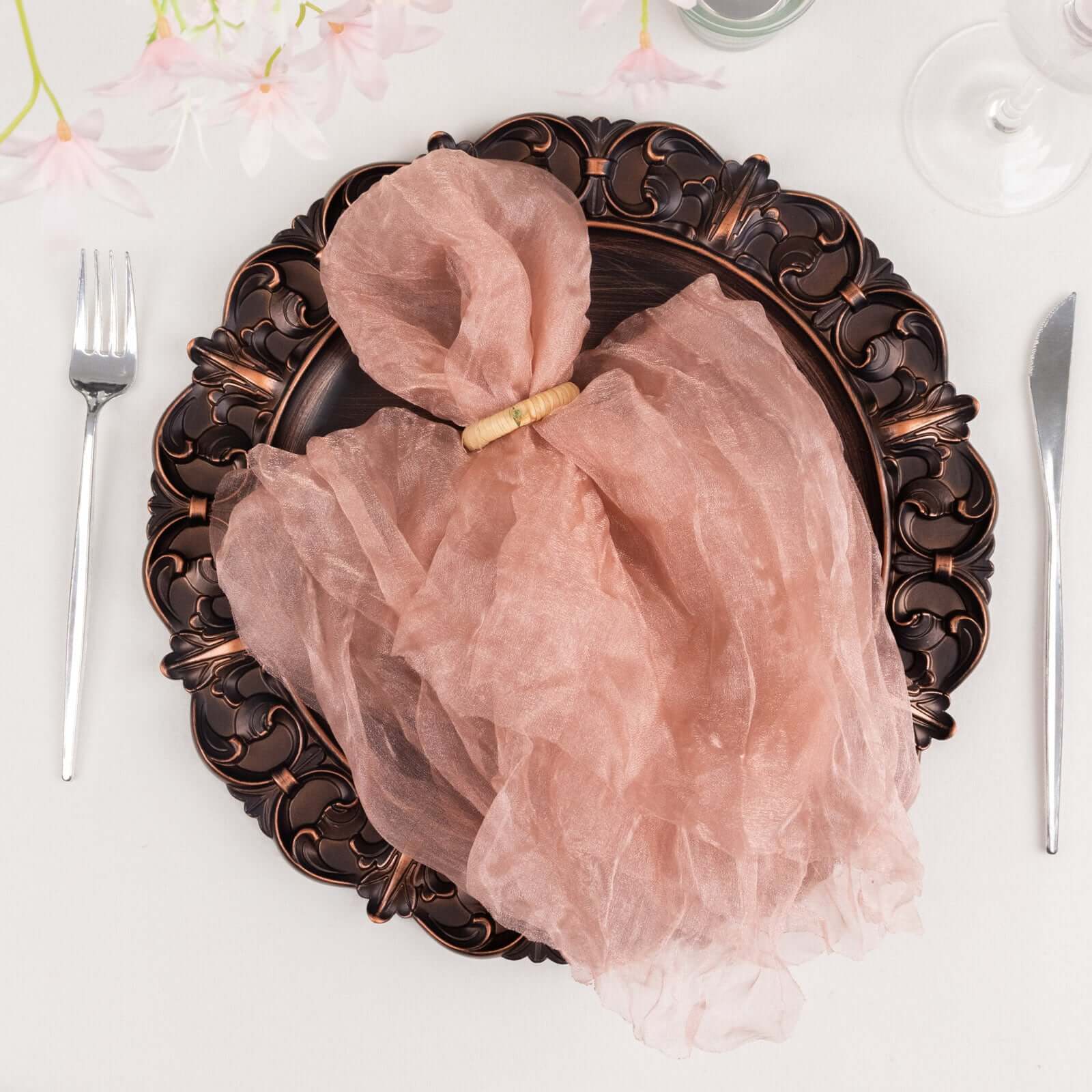 5 Pack Crinkled Organza Napkins 21"x21" Dusty Rose - Sheer & Lightweight Cloth Napkins