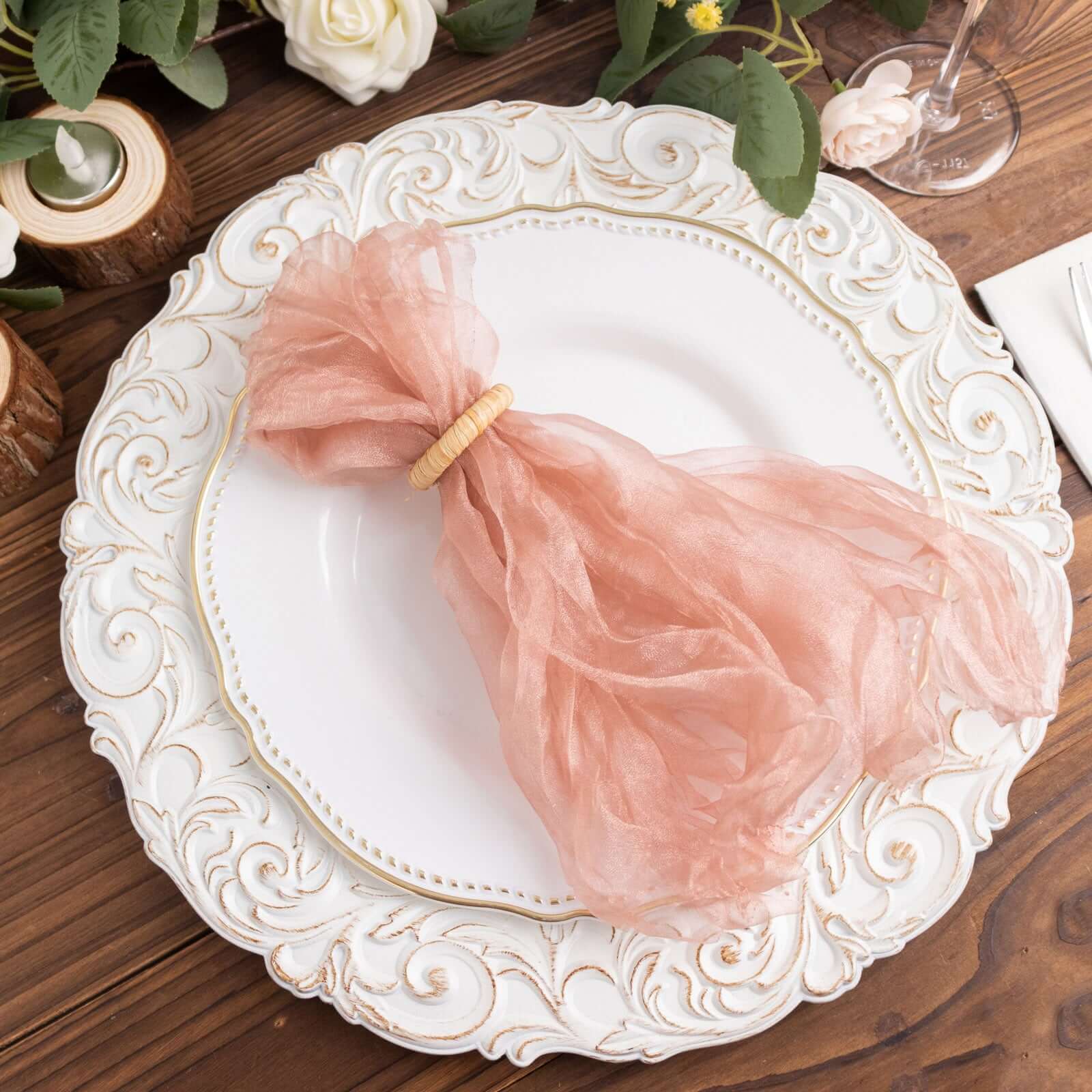 5 Pack Crinkled Organza Napkins 21"x21" Dusty Rose - Sheer & Lightweight Cloth Napkins - Image 2