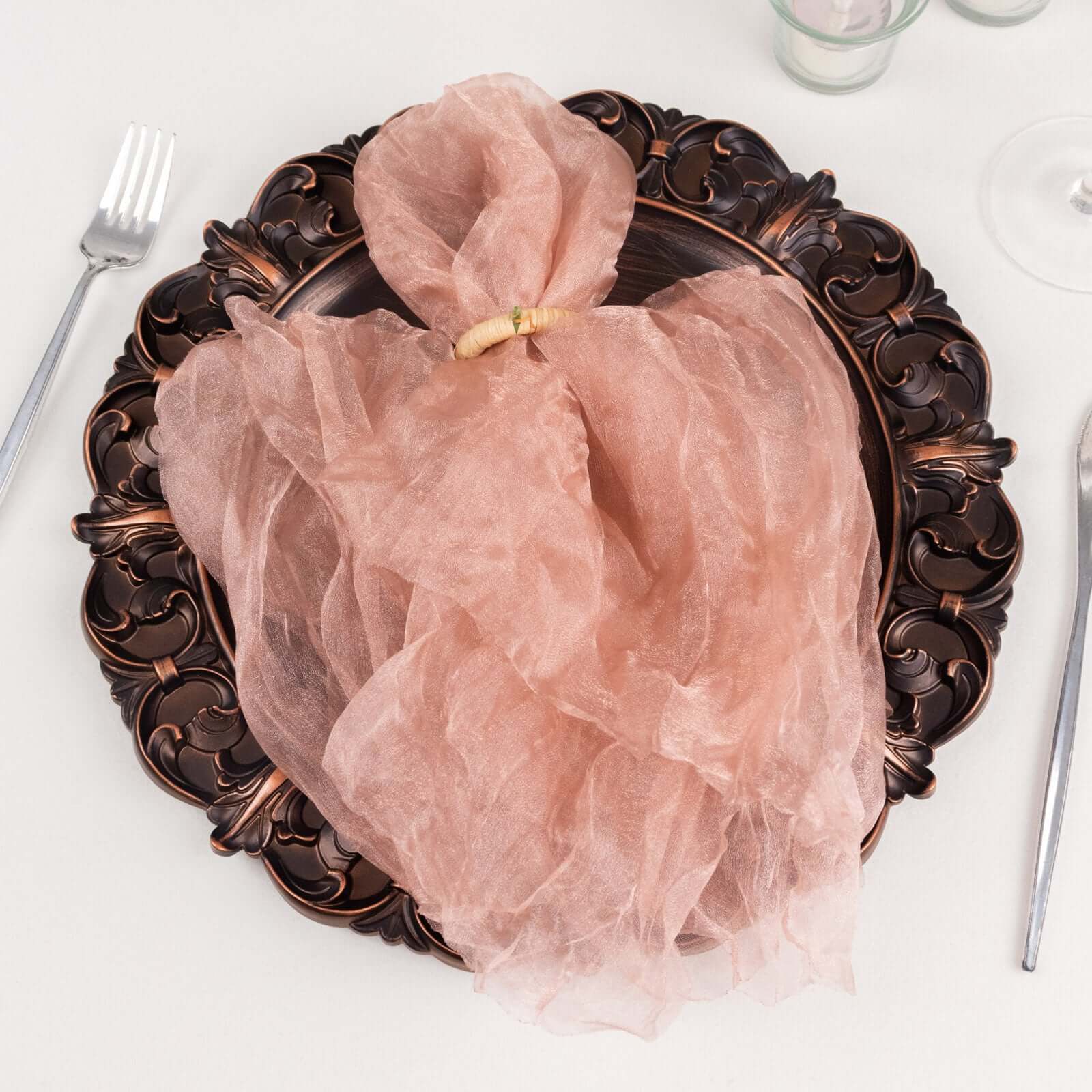 5 Pack Crinkled Organza Napkins 21"x21" Dusty Rose - Sheer & Lightweight Cloth Napkins - Image 3