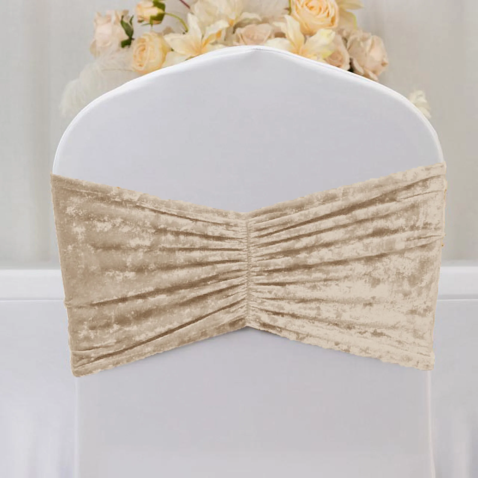 5 Pack Crushed Velvet Chair Sashes Beige, Wide Ruffle Style Textured Decorative Chair Bands - 8"x15"