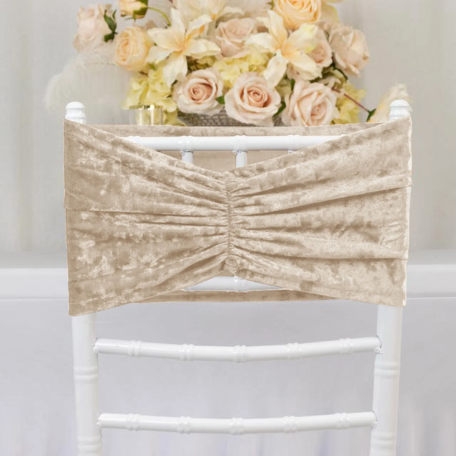 5 Pack Crushed Velvet Chair Sashes Beige, Wide Ruffle Style Textured Decorative Chair Bands - 8"x15" - Image 2