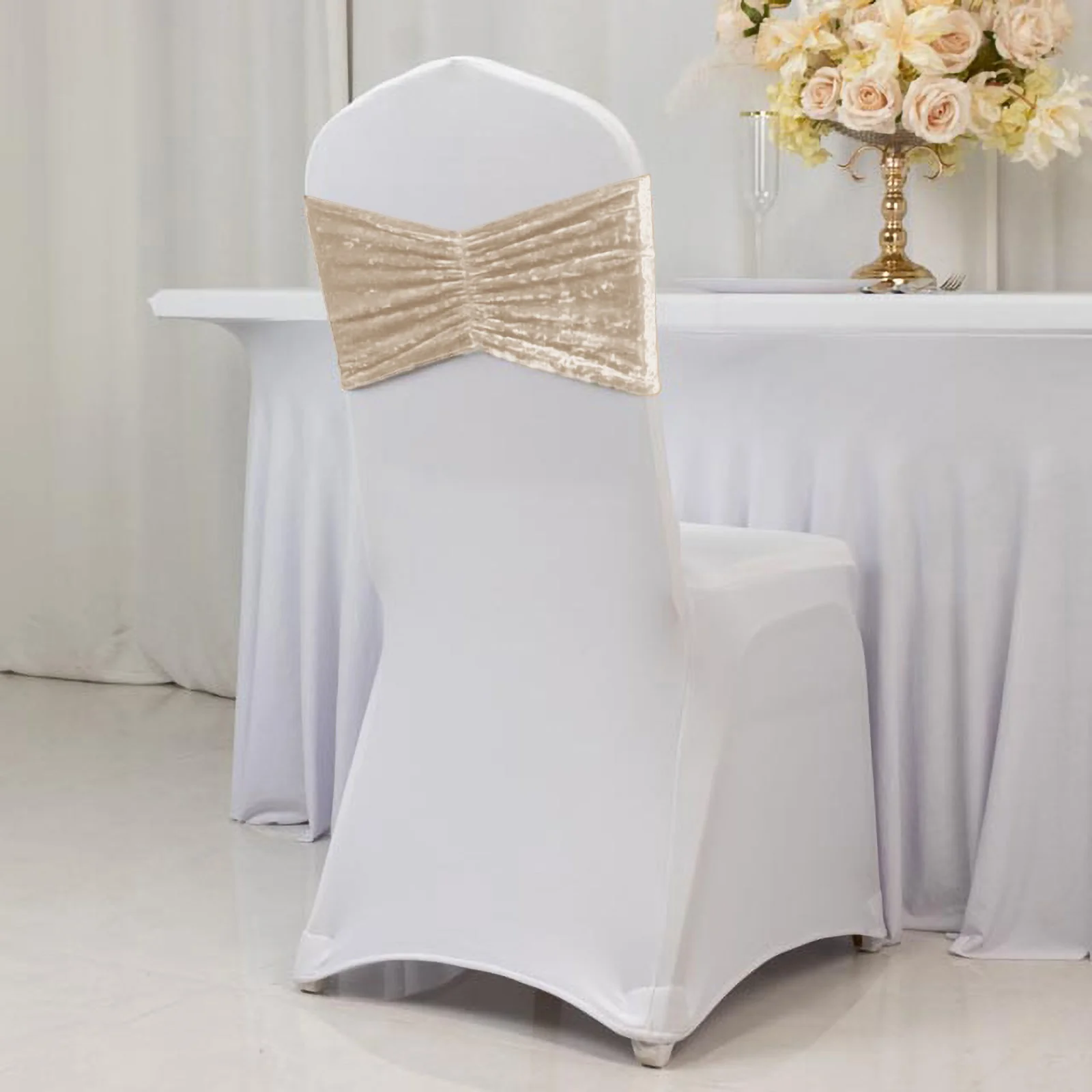 5 Pack Crushed Velvet Chair Sashes Beige, Wide Ruffle Style Textured Decorative Chair Bands - 8"x15" - Image 9