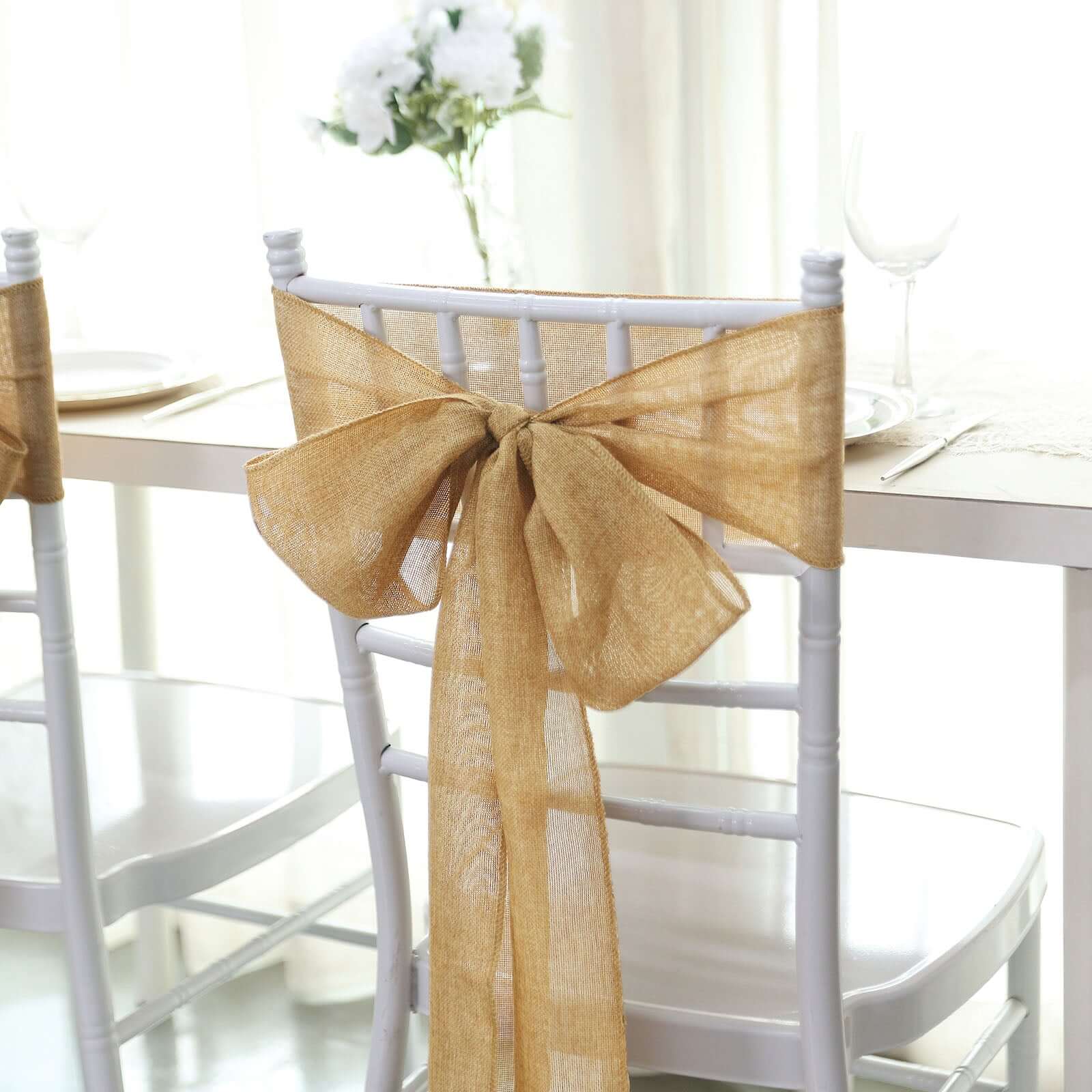 5 Pack Jute Faux Burlap Chair Sashes 6"x108" Gold - Boho Chic Linen Decor for Events - Image 3