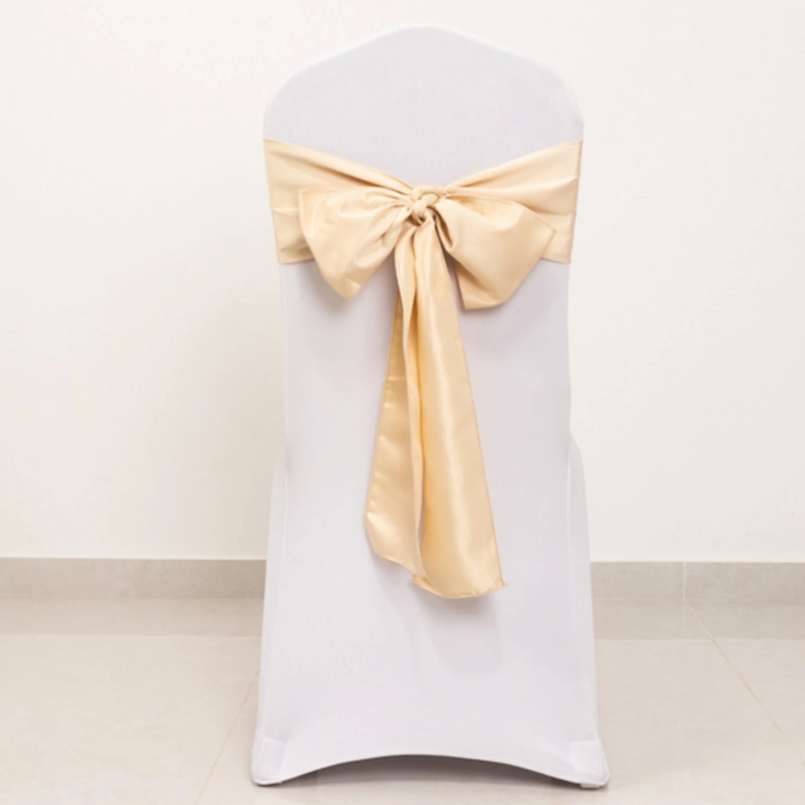 5 Pack Lamour Satin Chair Sashes 6"x106" Beige - Reusable Decorative Bows - Image 5